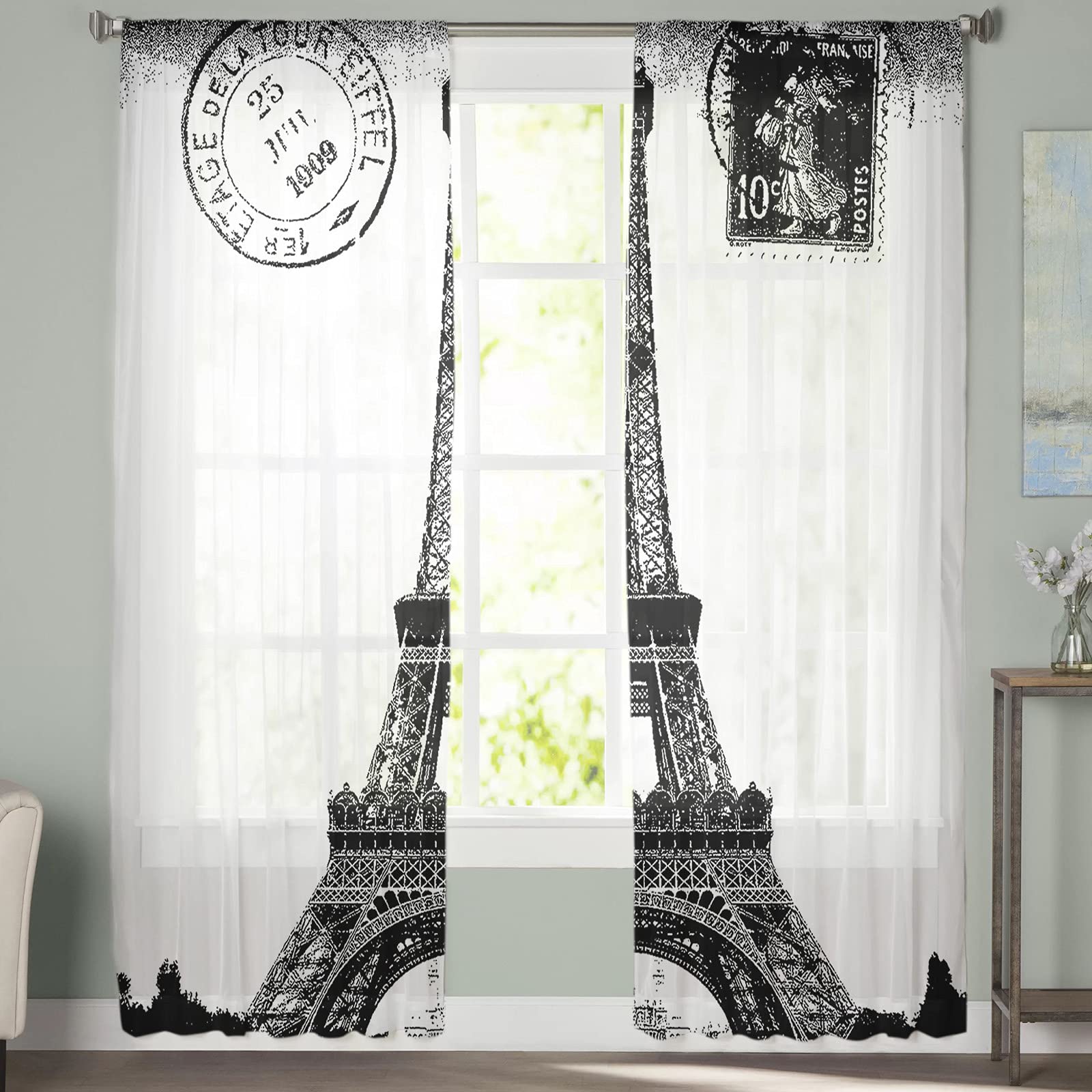 72 Inch Semi Sheer Black and White Eiffel Tower Curtains - Light Filtering Rustic Window Drapes with Rod Pocket for Living Room & Bedroom (2 Panels) - Perfect for French-Themed Decor & Sunlight Control