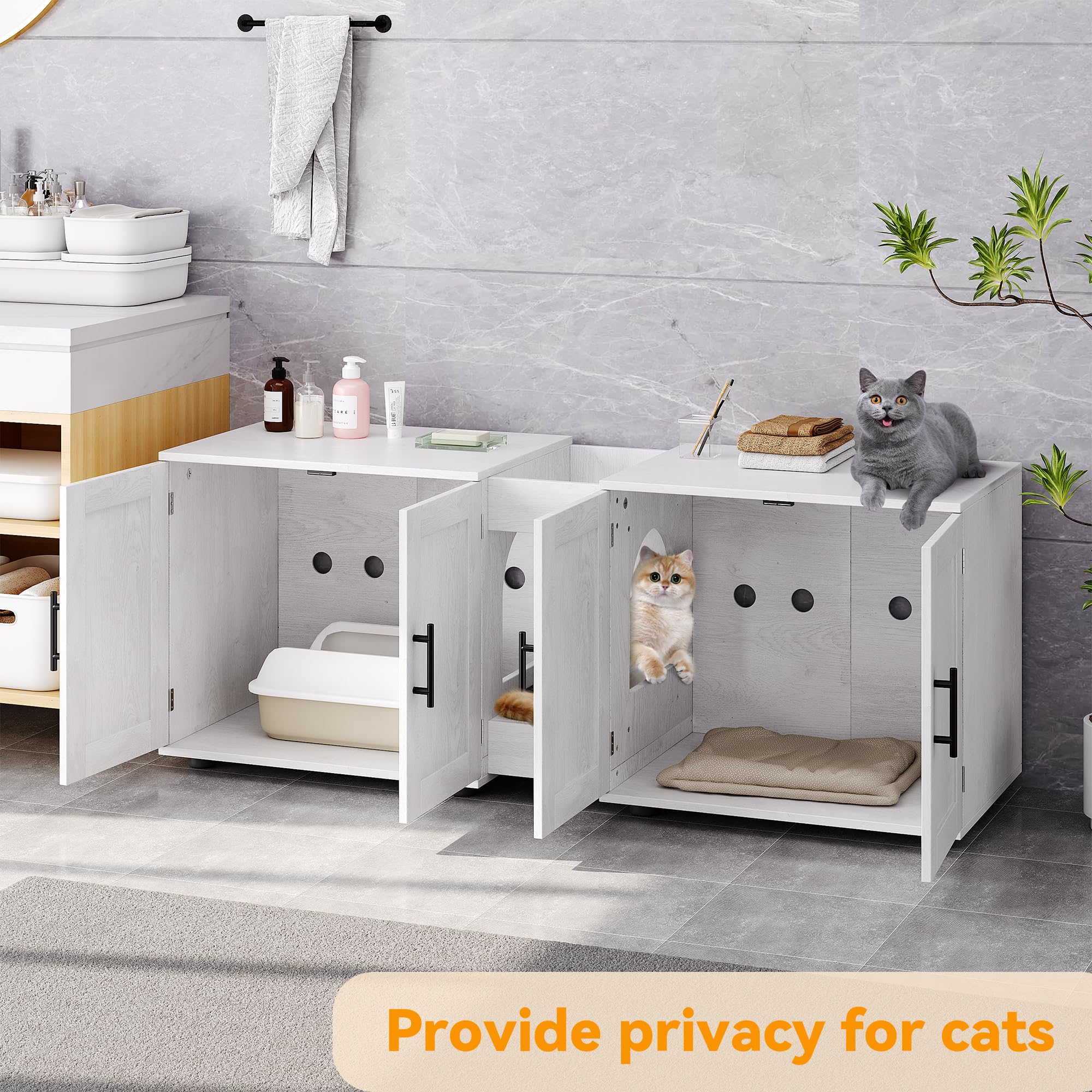 Gaomon Wooden Cat Litter Box Enclosure Furniture - Double Cage Hidden Litter Box House for 2 Cats, 55