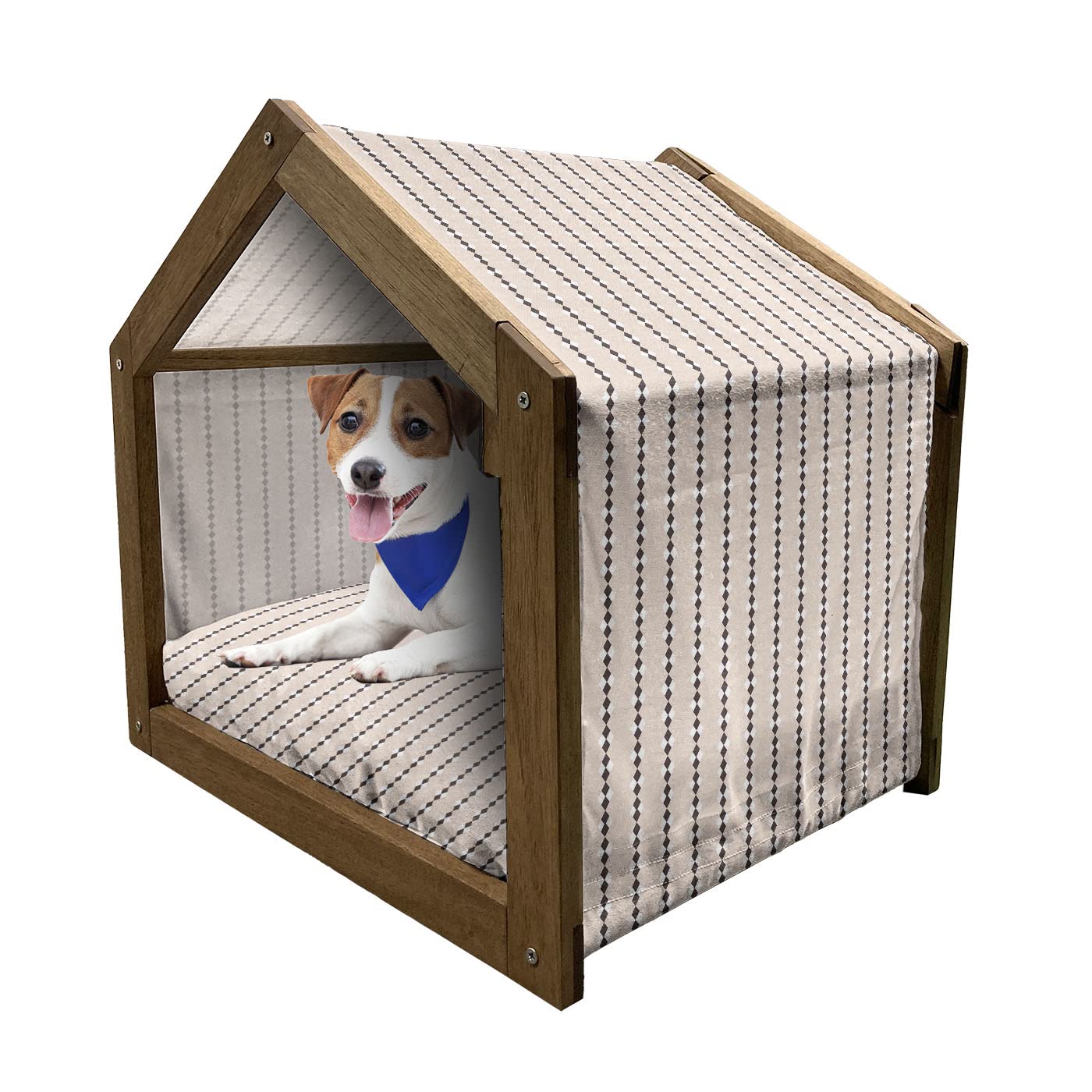 Ambesonne Geometric Wooden Pet House - Peach Diamond Pattern on Cream, Portable Indoor & Outdoor Dog Kennel with Pillow & Cover, Medium Size - Perfect for Home, Yard, and Travel Use