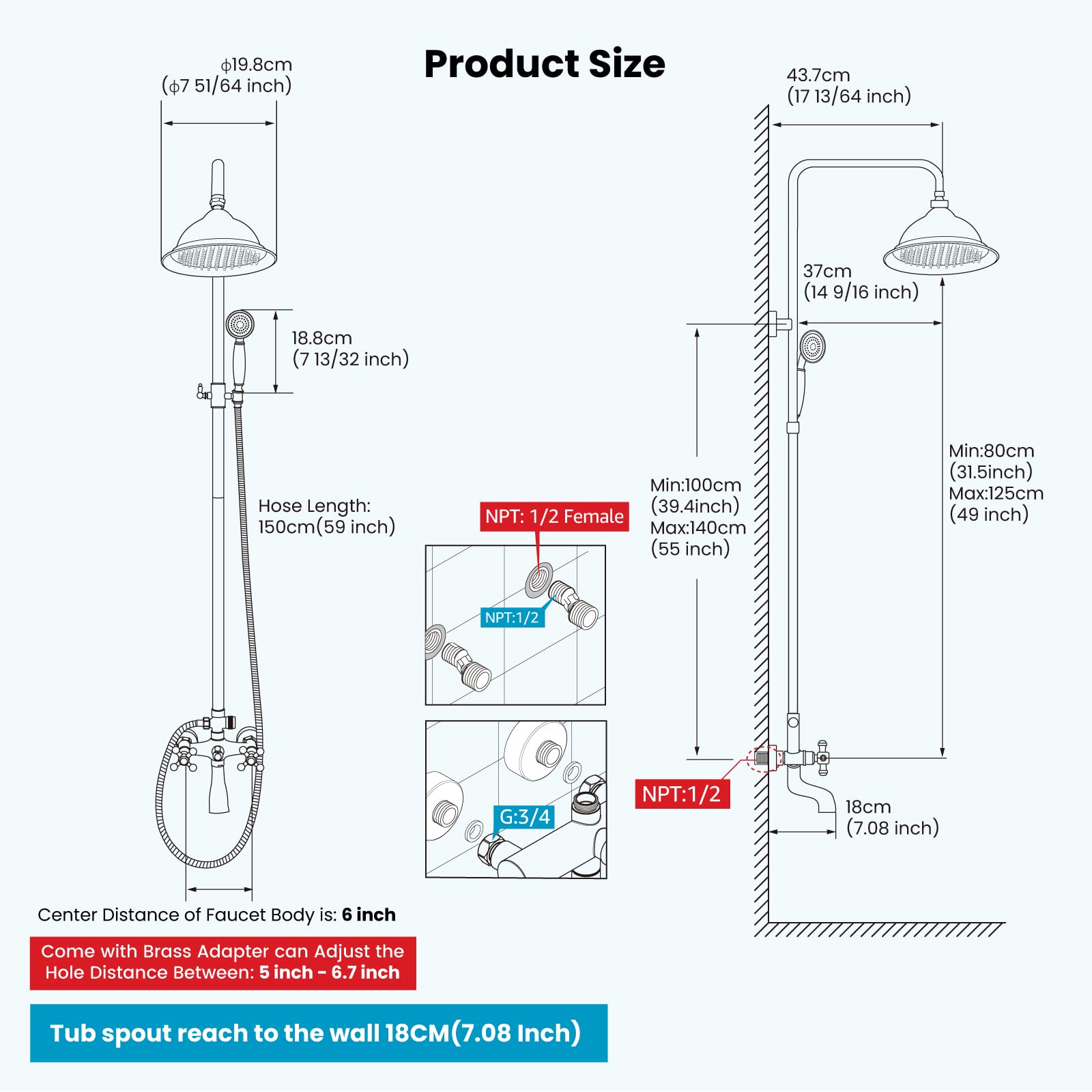 Gotonovo 8 Inch Rainfall Shower System - Brushed Nickel Wall Mount Exposed Shower Faucet with Tub Spout, Handheld Spray & Double Cross Handles (No Shelf) - Perfect for Outdoor Showers, Bathroom Renovations & Spa-Like Experience