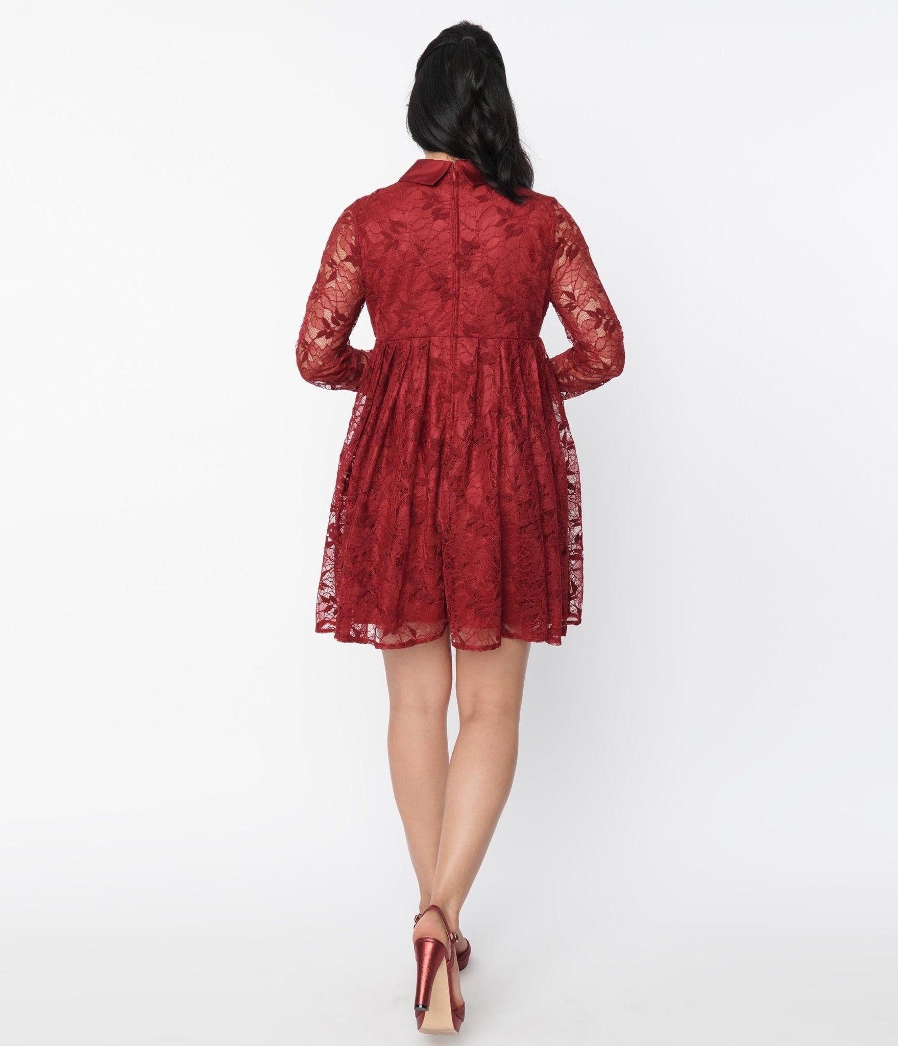 Vintage Burgundy Lace Peggy Babydoll Dress - Retro 1950s Style Flared Swing Dress for Women | Perfect for Cocktail Parties, Date Nights & Special Occasions