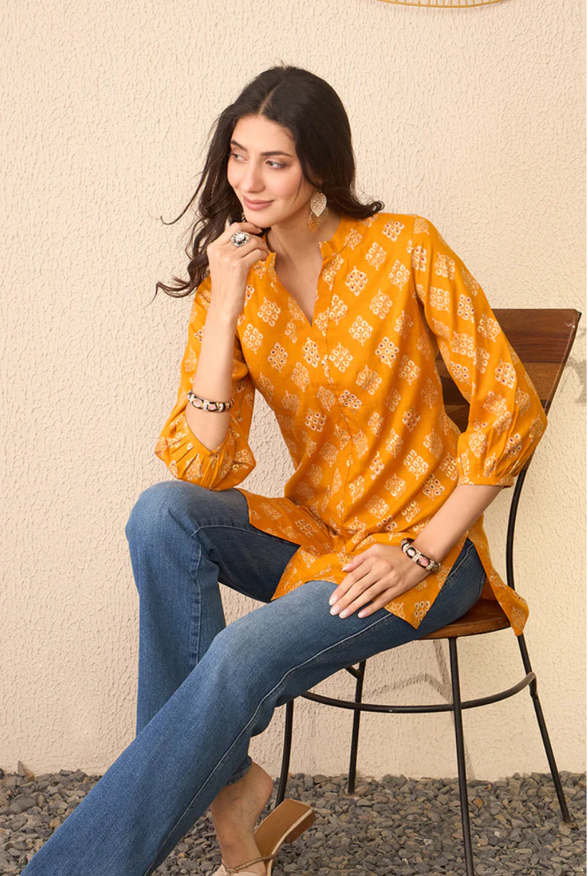 Stylish Yellow Cotton Blend Floral Printed Tunic Top for Women - Casual Summer Wear, Beach Cover-Up & Boho Outfit
