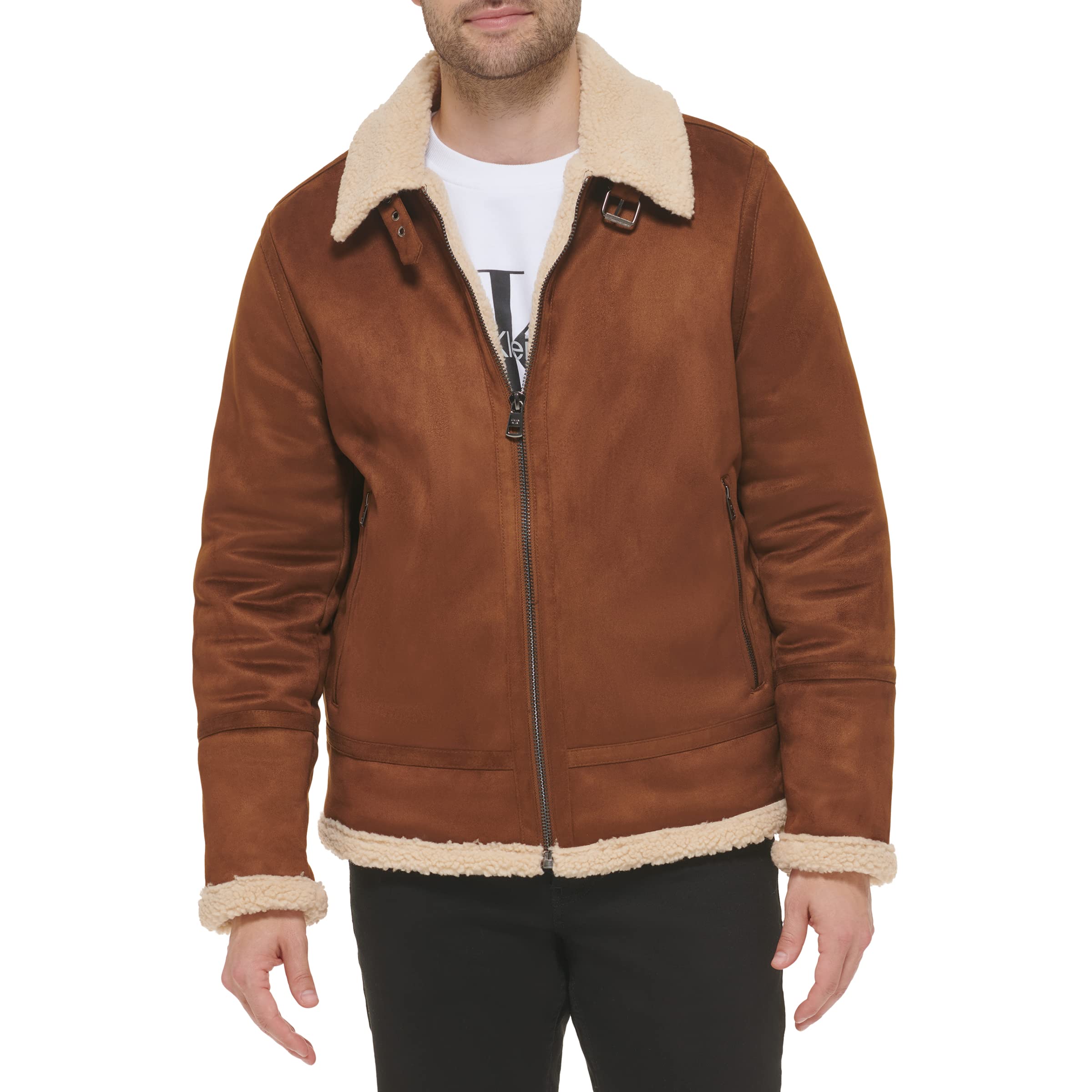 Calvin Klein Men's Faux Leather Bomber Jacket with Warm Shearling Lining - Stylish Winter Outerwear for Casual Wear & Night Out