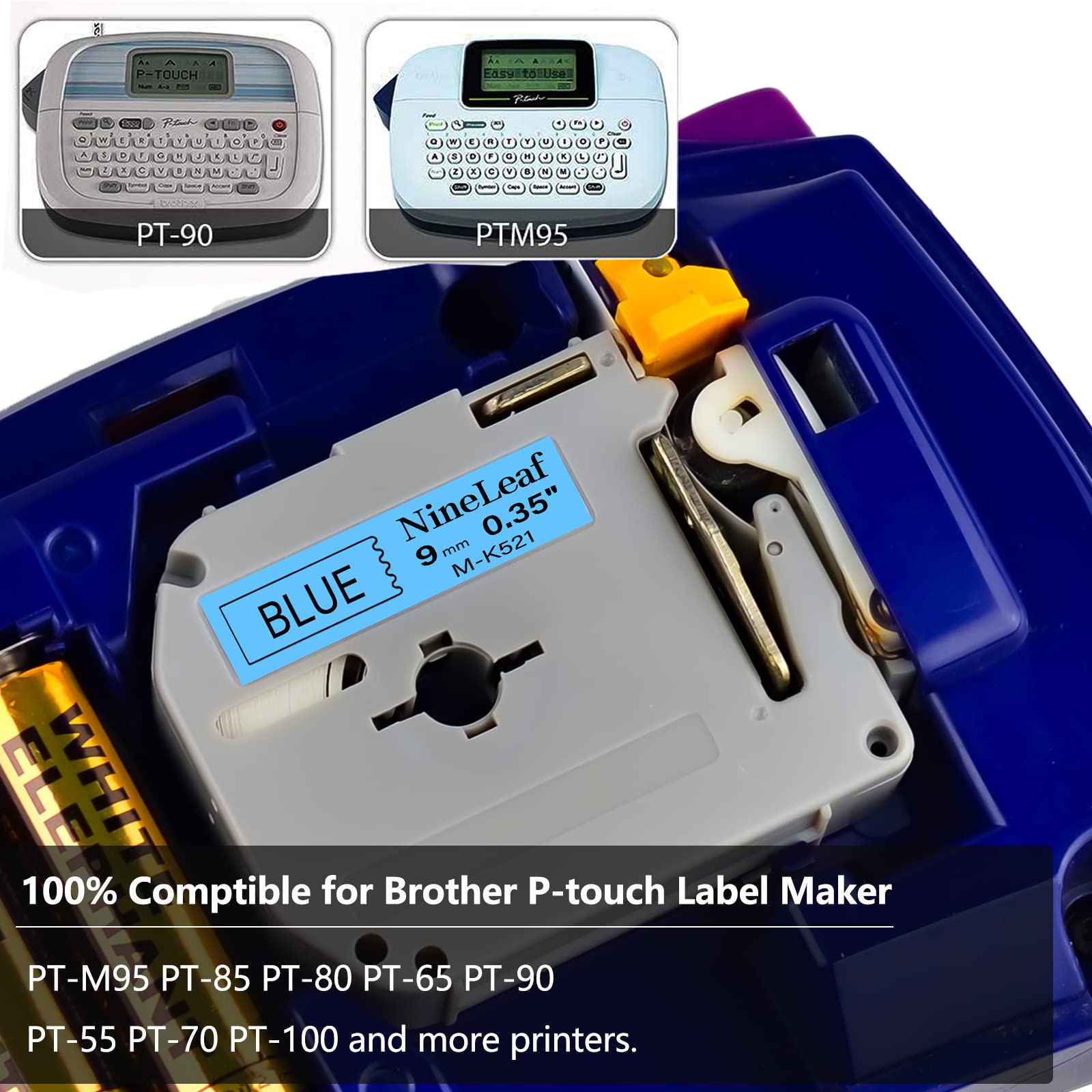 NineLeaf Compatible Label Tape Replacement for Brother P-Touch PT-M95 PT-90 PT70 PT-65 PT85 & M-Tape M521 MK521 M-K521 - 0.35 Inch (9mm) x 26.2 Feet (8m) Black on Blue - 2 Pack - Perfect for Office Organization, Shipping Labels & Home Storage