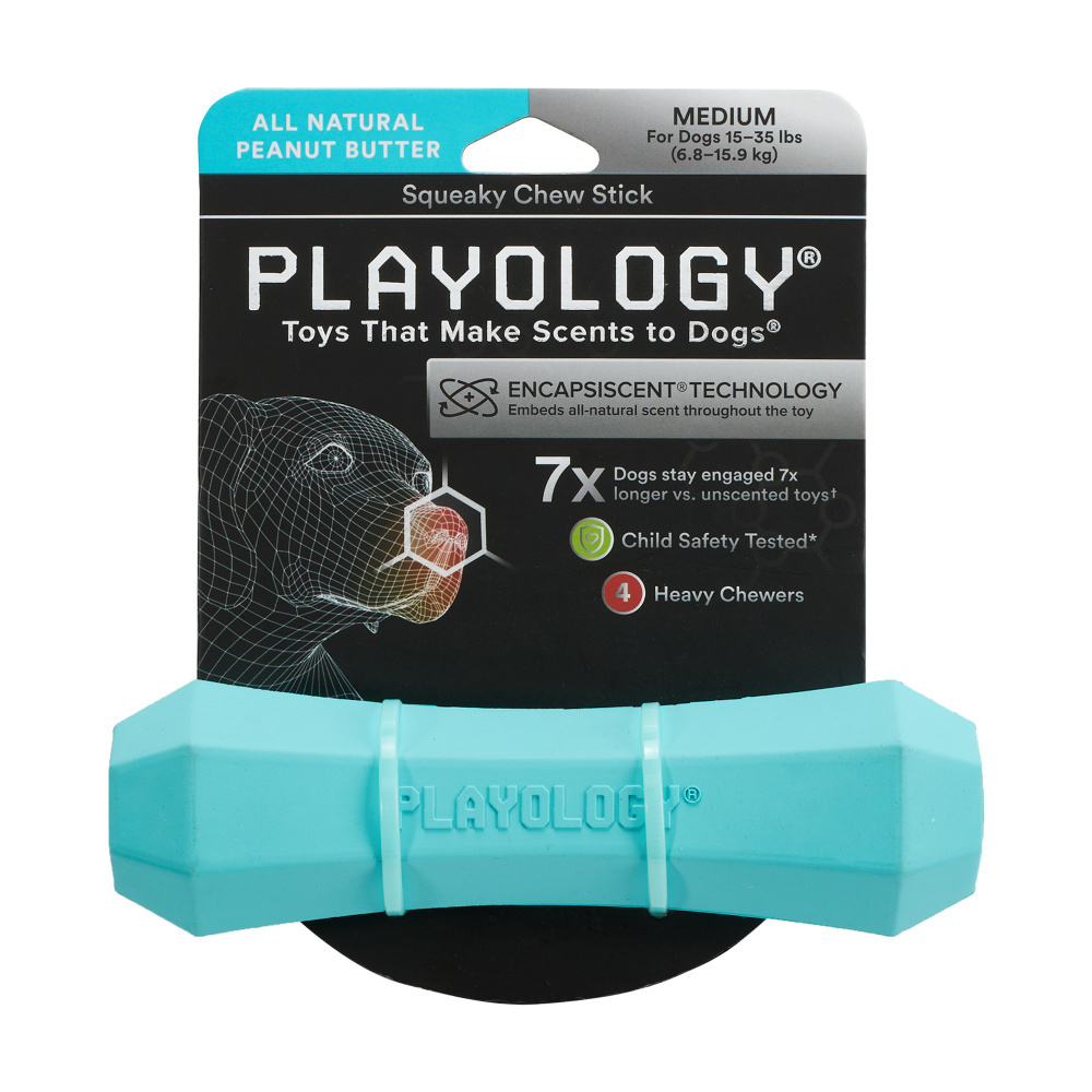 Playology Squeaky Chew Stick Peanut Butter Scented Dog Toy - Durable Chew Toy for Aggressive Chewers, Interactive Play & Dental Health - Perfect for Indoor & Outdoor Fun
