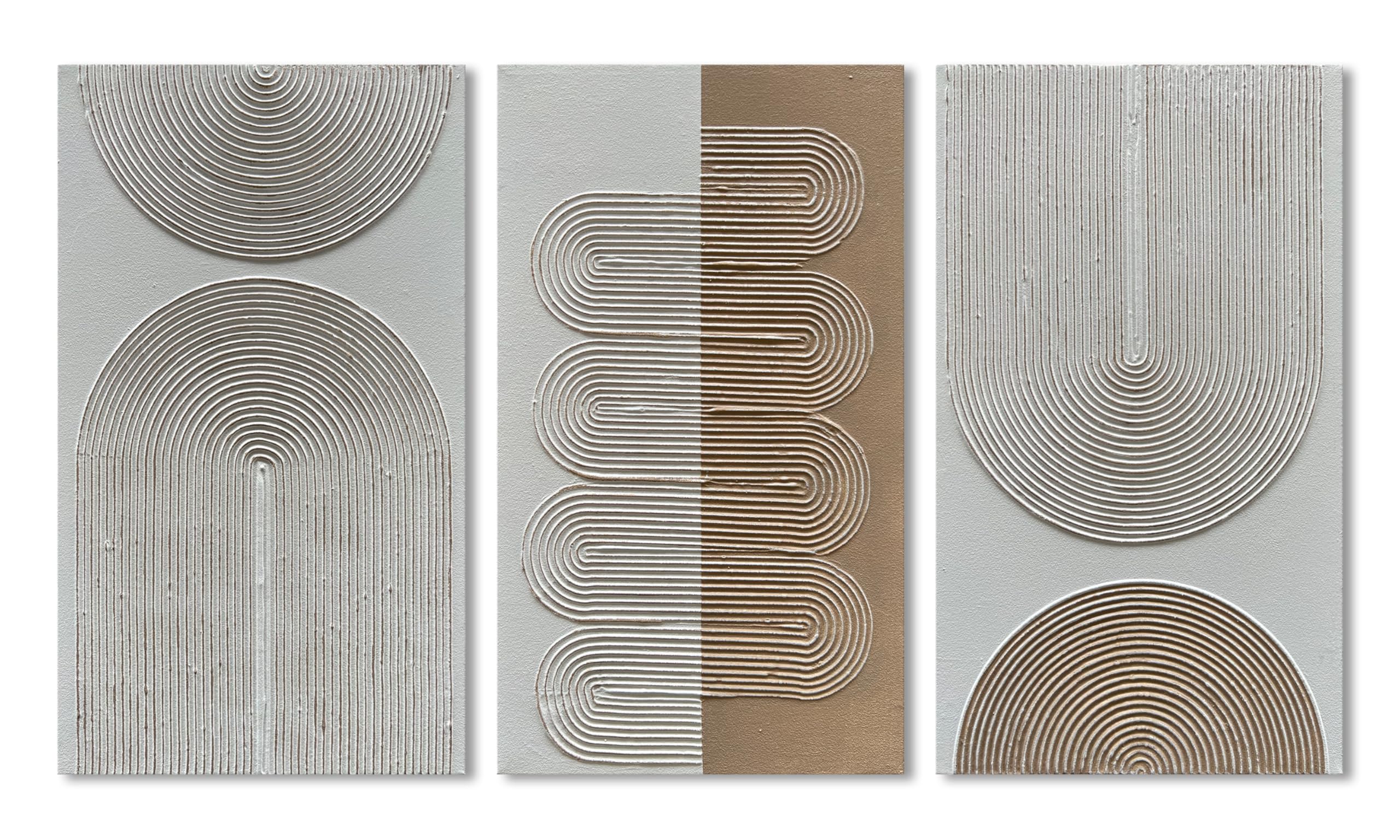 Hand-Painted Abstract Oil Painting Set of 3 - White & Brown Textured Contemporary Minimalist Wall Art (28x16 Inches) - Perfect for Living Room, Bedroom & Office Decor