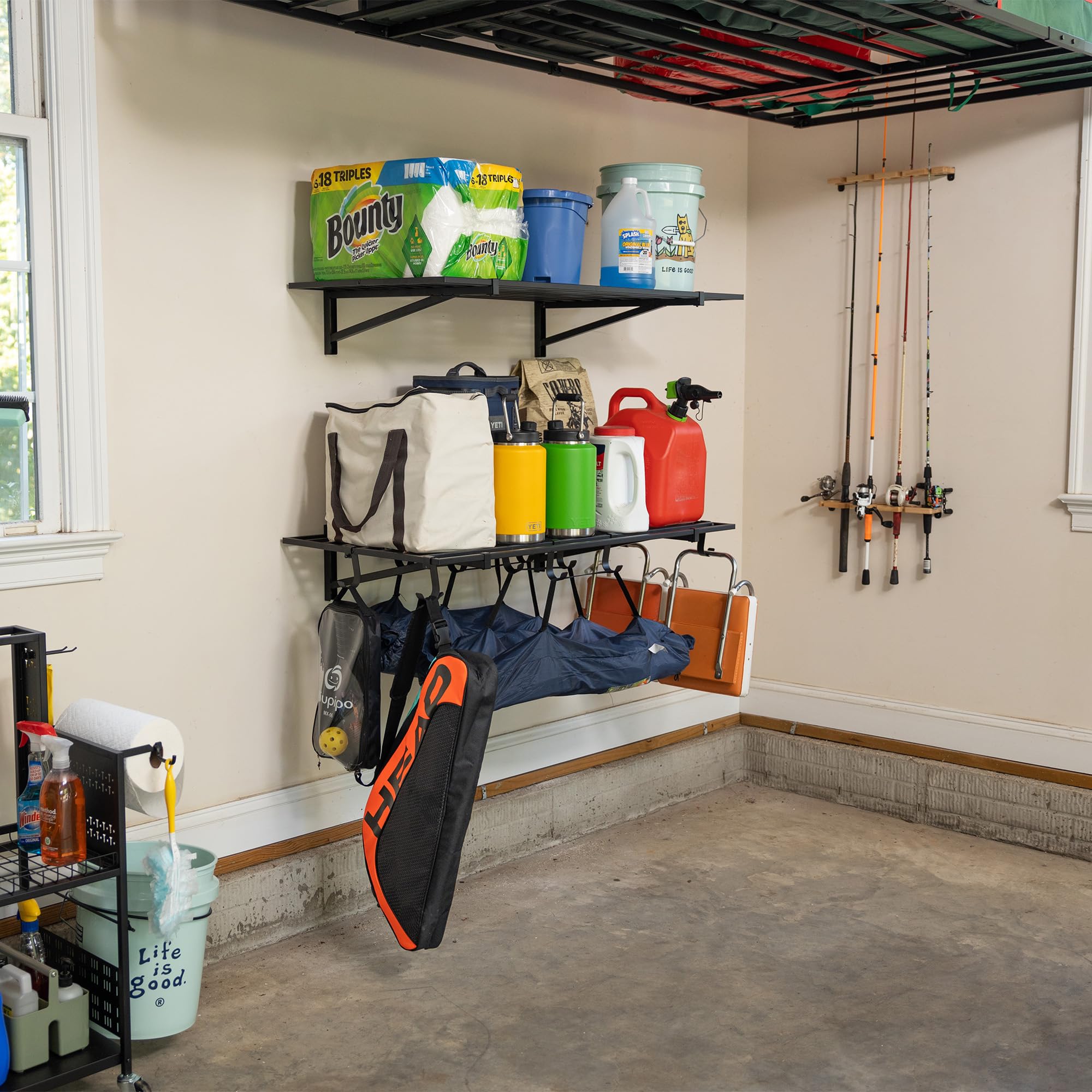 StoreYourBoard 2 Pack Heavy Duty Garage Wall Shelves - 2' x 4' Wall Mount Storage Shelf with Hooks, Holds 200 lbs Each - Perfect for Bike, Ladder, Tool & Sports Equipment Organization