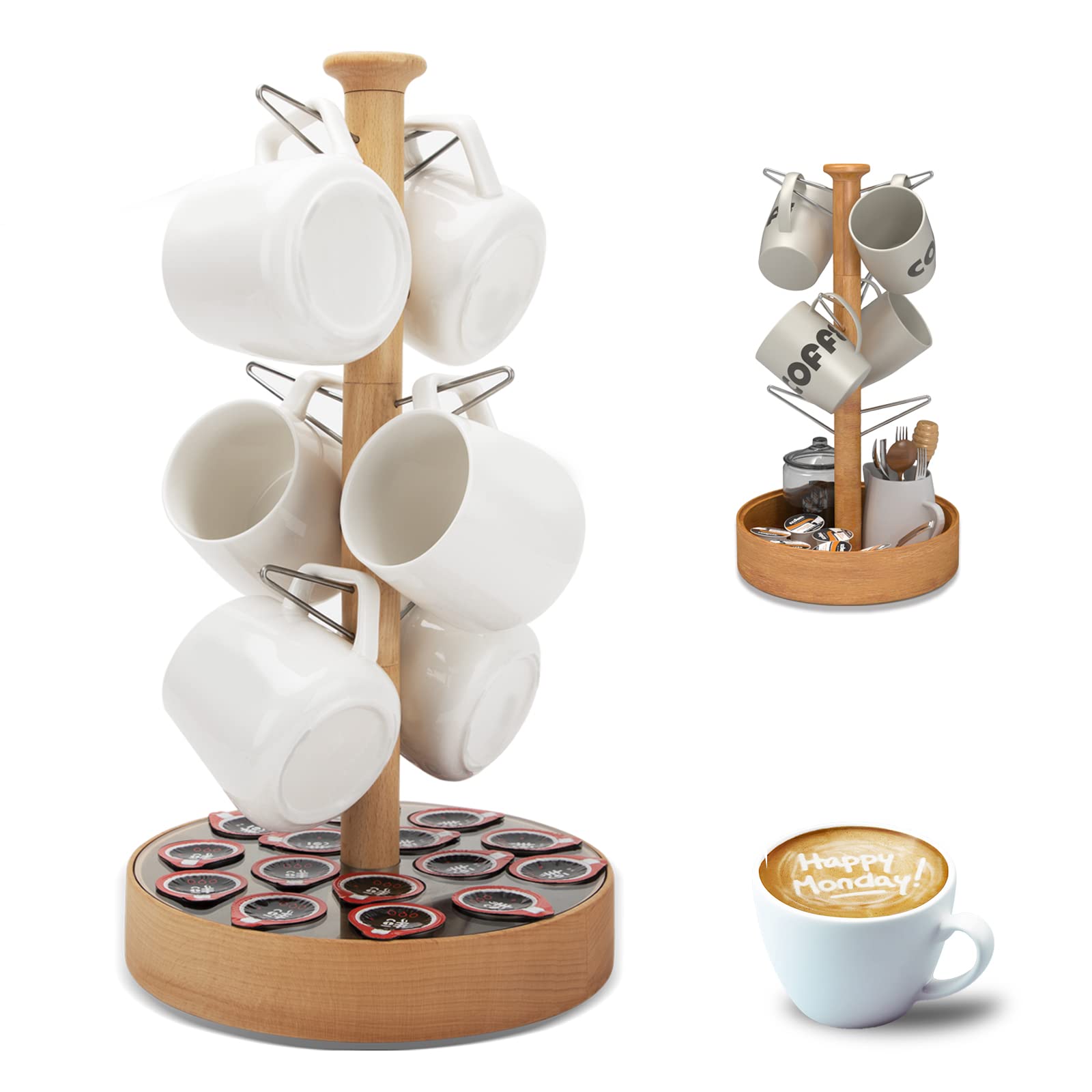 Wooden Mug Tree Coffee Cup Holder - Countertop Organizer for 6 Mugs & 15 Coffee Capsules - Space-Saving Coffee Bar Accessory for Home, Office & Kitchen Decor (Perfect for Coffee Lovers & Small Spaces)