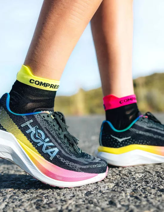 Compressport Unisex Pro Racing Socks v4.0 - Ultralight Running Socks for Men & Women - Low Cut Athletic Socks in Black/Safe Yellow/Neo Pink - Perfect for Marathon, Trail Running & High-Performance Sports