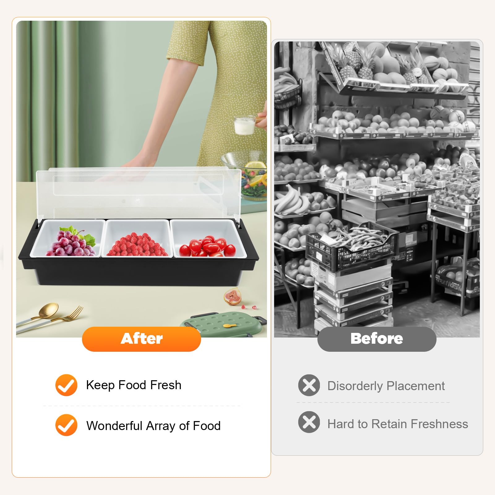 LOYALHEARTDY Chilled Condiment Server Tray with Lid - 3 Removable Compartments for Fruit, Ice Cream, Salad - Perfect for Parties, BBQs & Entertaining - Icy Condiment Bar for Keeping Food Fresh & Cool