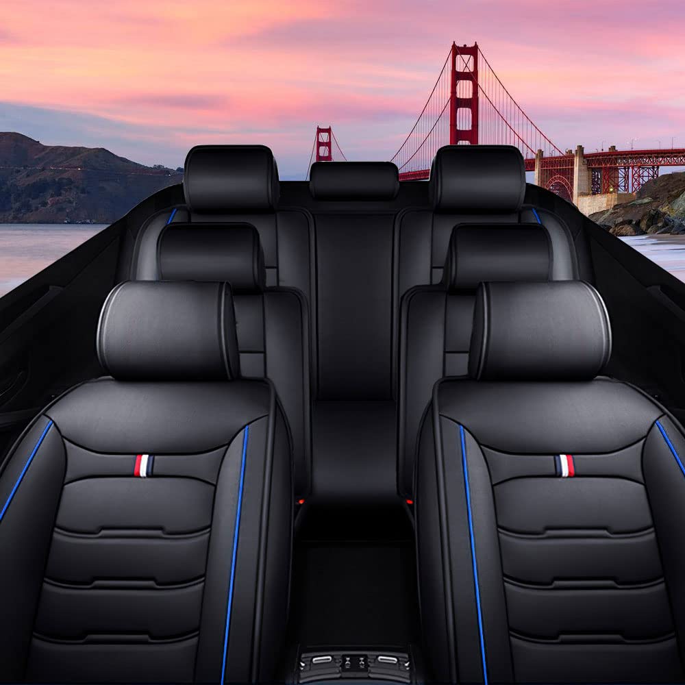 Premium Leather Car Seat Covers for Cadillac XT6 2020-2024 - 7-Seat Full Set, Durable Waterproof & Breathable Seat Protection (Black & Blue) - Perfect for Family Road Trips & Daily Commuting