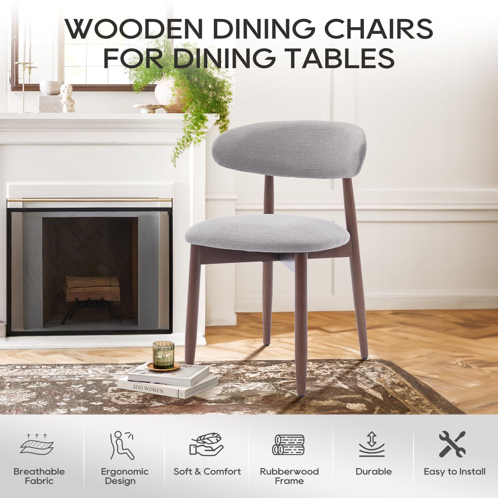 COLAMY Set of 4 Modern Farmhouse Dining Chairs - Light Grey Upholstered Wooden Kitchen Side Chairs with Foot Pegs | Perfect for Dining Room, Kitchen, Breakfast Nook & Small Spaces