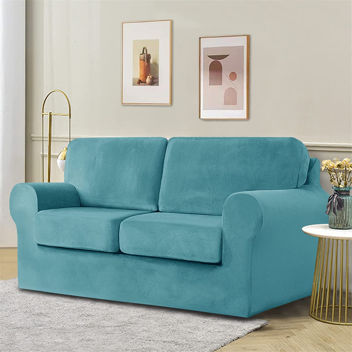 5-Piece Stretch Velvet Sofa Cover for 2-Seater Loveseat - Elastic Slipcover with Separate Backrests & Cushion Cover | Pet & Kid Friendly | Blue Velvet Furniture Protector | Perfect for Living Room, Family Room & Pet Owners