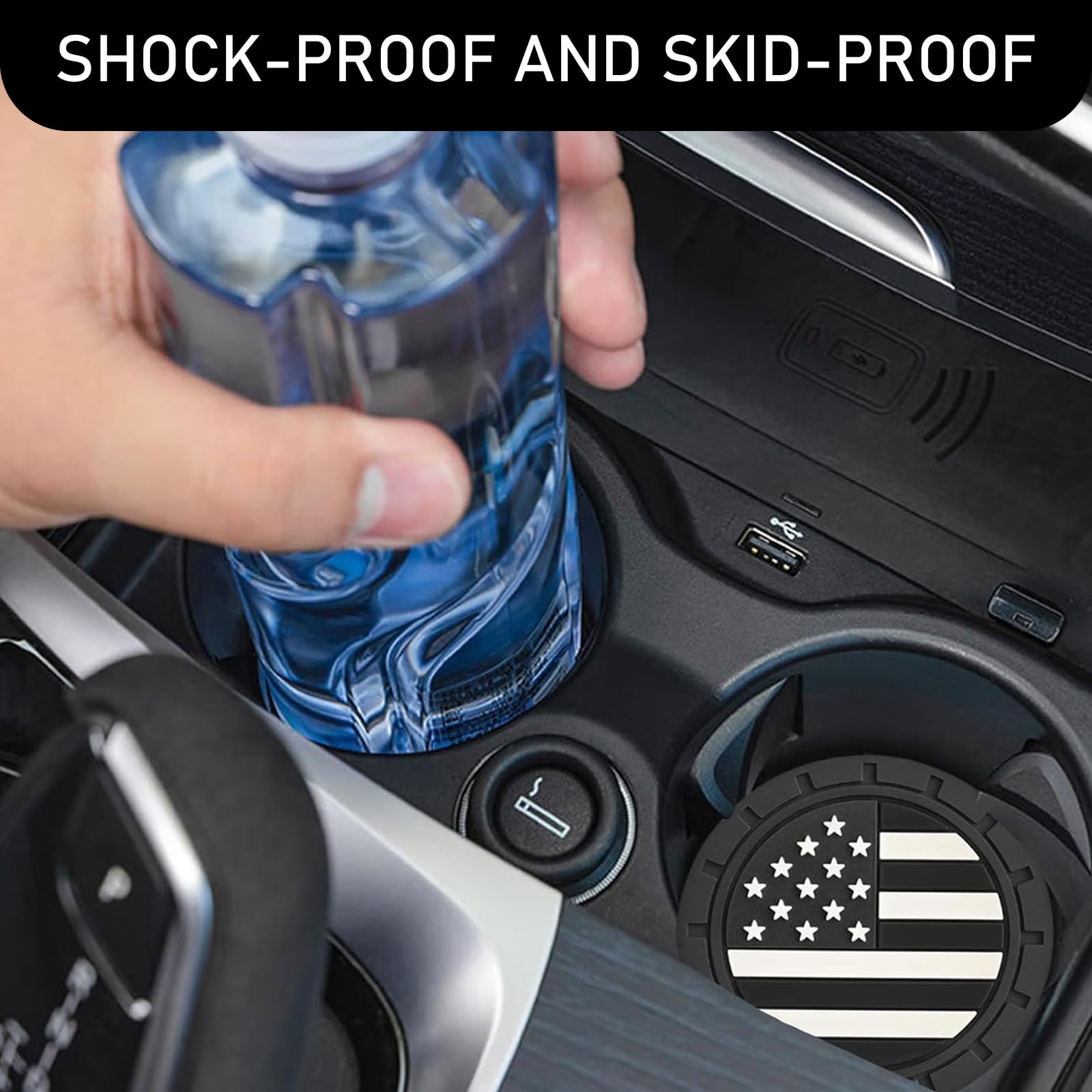 4-Pack American Flag Car Cup Holder Coasters - 2.75 Inch Non-Slip Shockproof Drink Mats for Vehicles - Universal Car Interior Accessories (Black) - Perfect for Road Trips, Commuting and Daily Driving