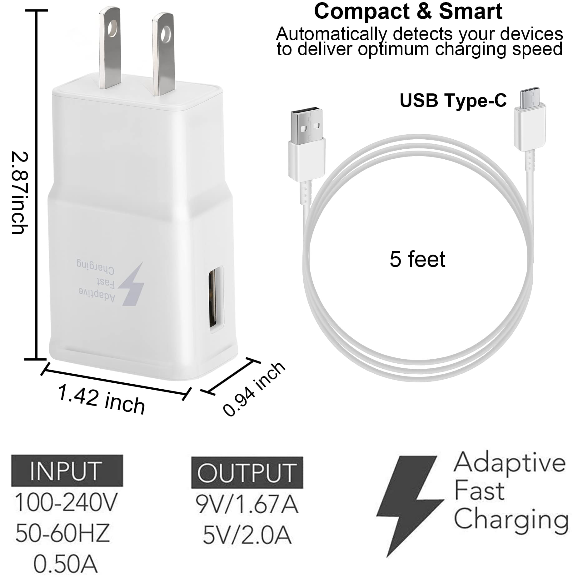 Fast Charging USB-C Kit - 5FT Type C Cable & Adaptive Wall Charger for Samsung Galaxy S21/S21+/S10/S10e/S9/S8/A51/Z Flip3/A53/A71/Note 8/9, Google Pixel 3/2XL - Original Replacement Charger for Home, Office & Travel