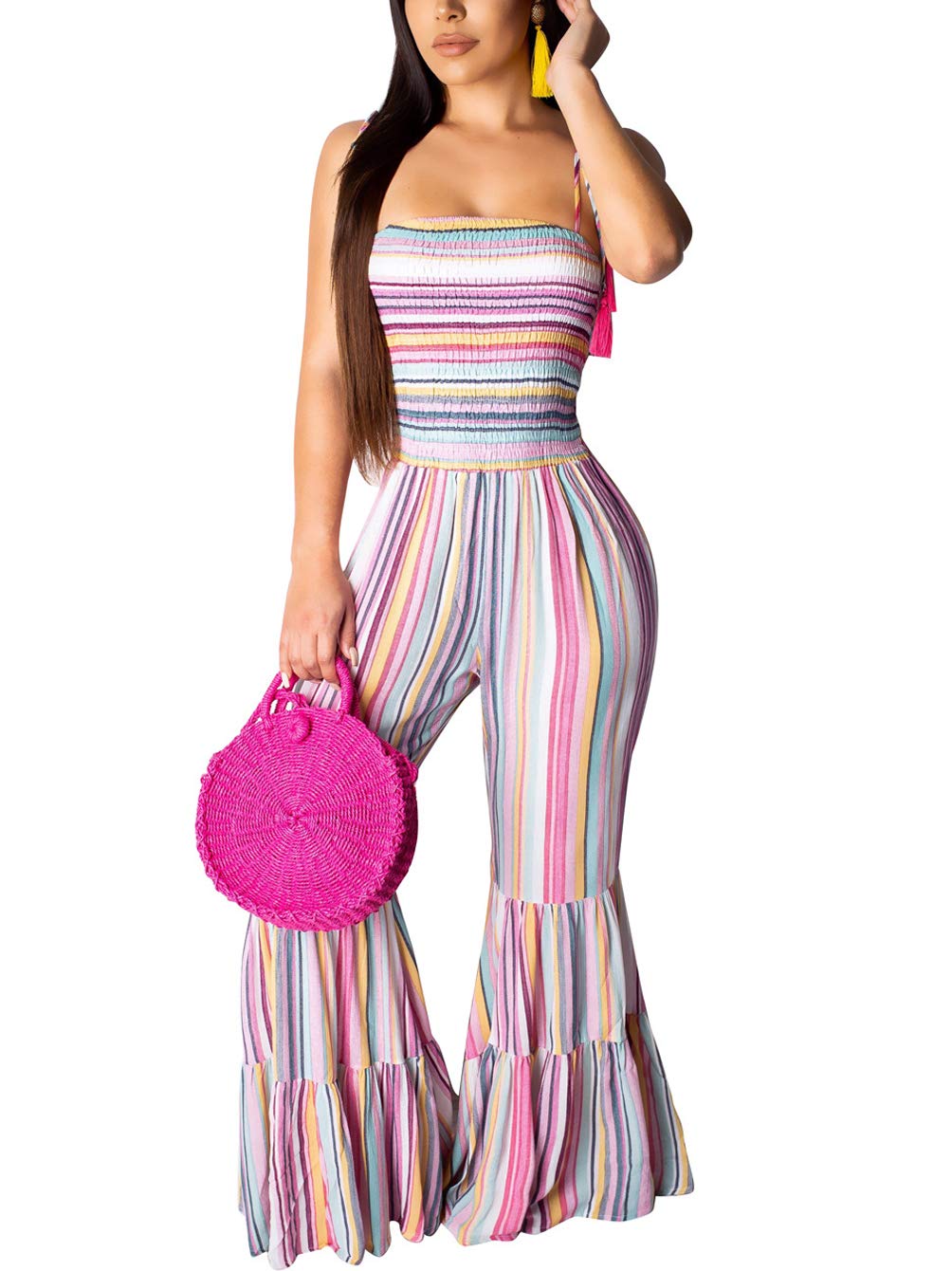 IyMoo Women's Striped Wide Leg Jumpsuit - V-Neck Batwing Sleeve Romper | Summer Casual Pant Suit for Beach, Vacation & Everyday Wear