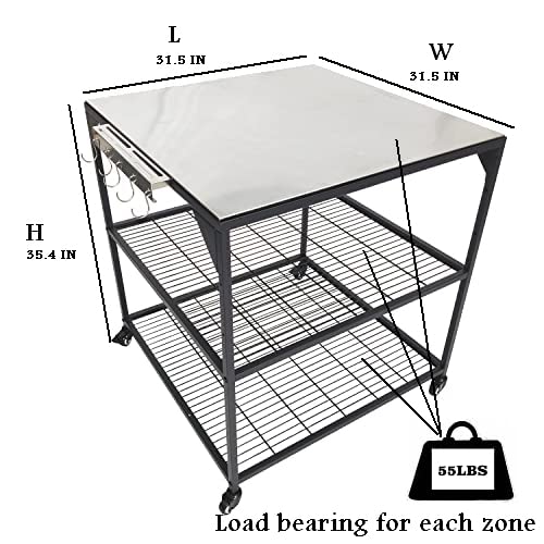 3-Tier Stainless Steel Rolling Outdoor Kitchen Cart - Heavy Duty BBQ Grill Table with Wheels for Pizza Oven, Patio Dining & Backyard Entertaining