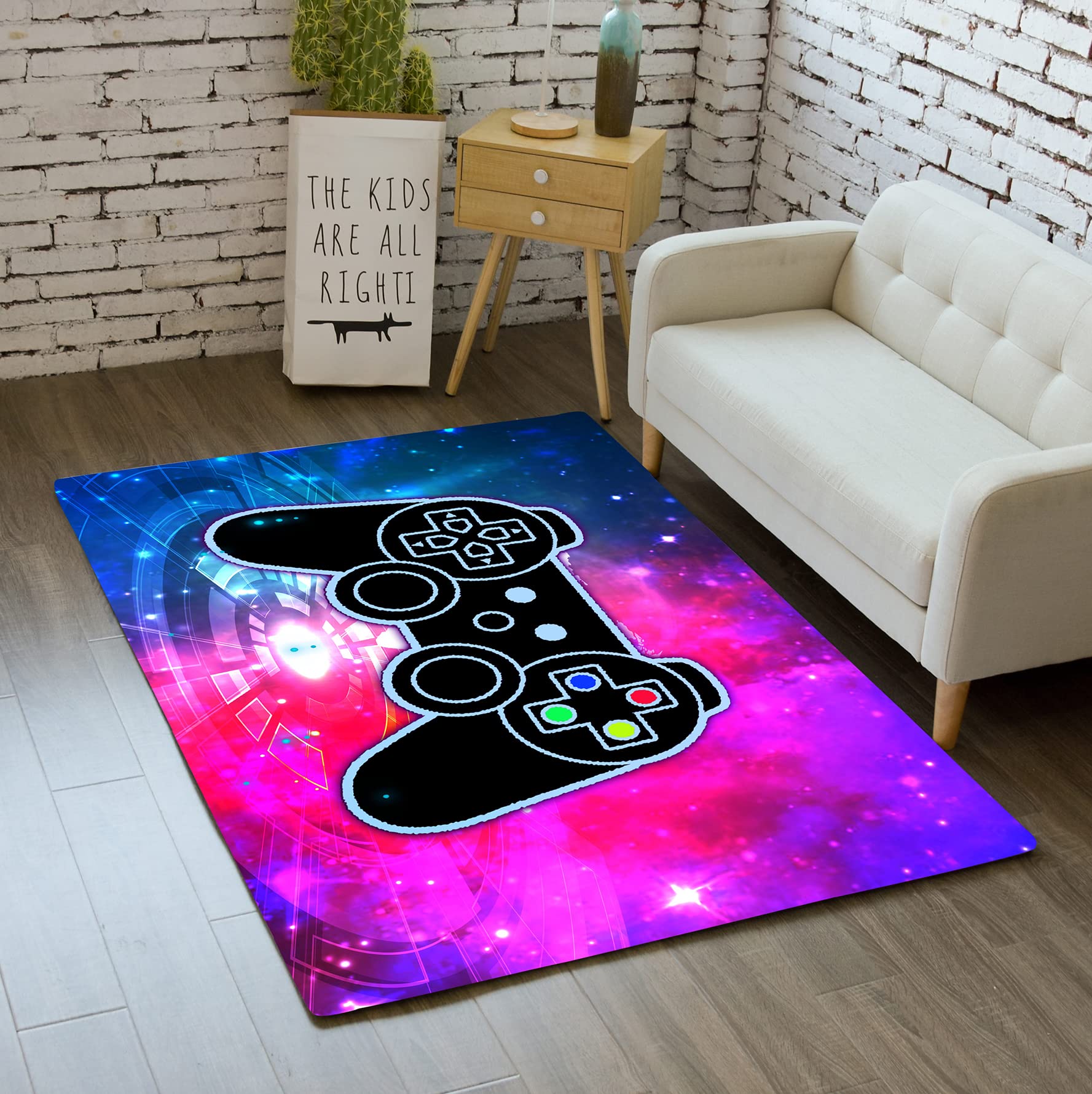 Gaming Area Rug - 2'x3' Game Controller Printed Carpet for Living Room & Bedroom | Soft Polyester Floor Mat for Gamers | Boys Gifts in Reactor Blue & Hot Pink | Perfect for Game Rooms, Dorm Decor & Man Caves