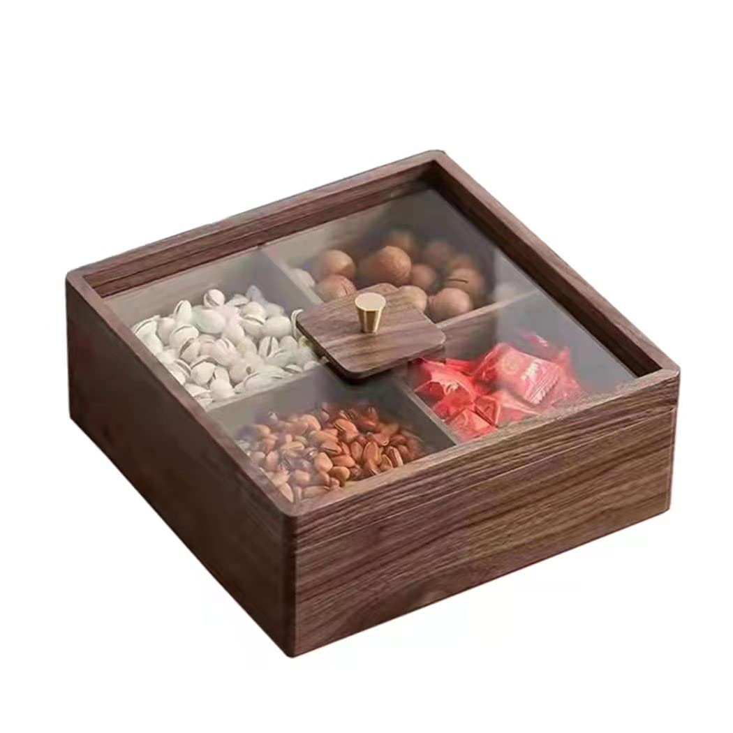 Premium Solid Black Walnut Wood Snack Storage Container with Glass Lid - 4 Compartment Organizer for Candy, Nuts, Jewelry & Collectibles | Perfect for Kitchen Countertop, Coffee Table Display & Gift Giving