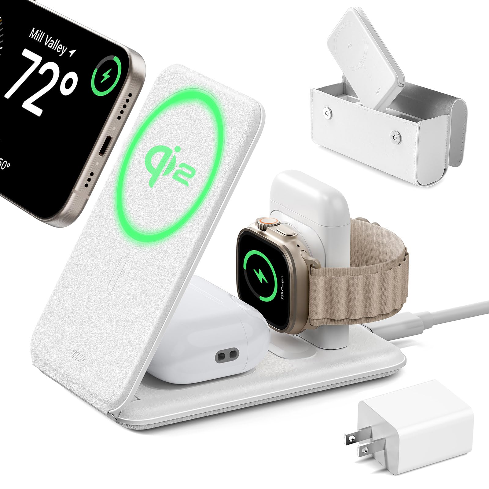 ESR Qi2 Certified 3-in-1 Wireless Charging Station for iPhone 16/15/14/13/12, Apple Watch & AirPods 4/3/2 - Adjustable 2-Way Magsafe Charger Stand (White) | Perfect for Travel, Office & Nightstand Charging