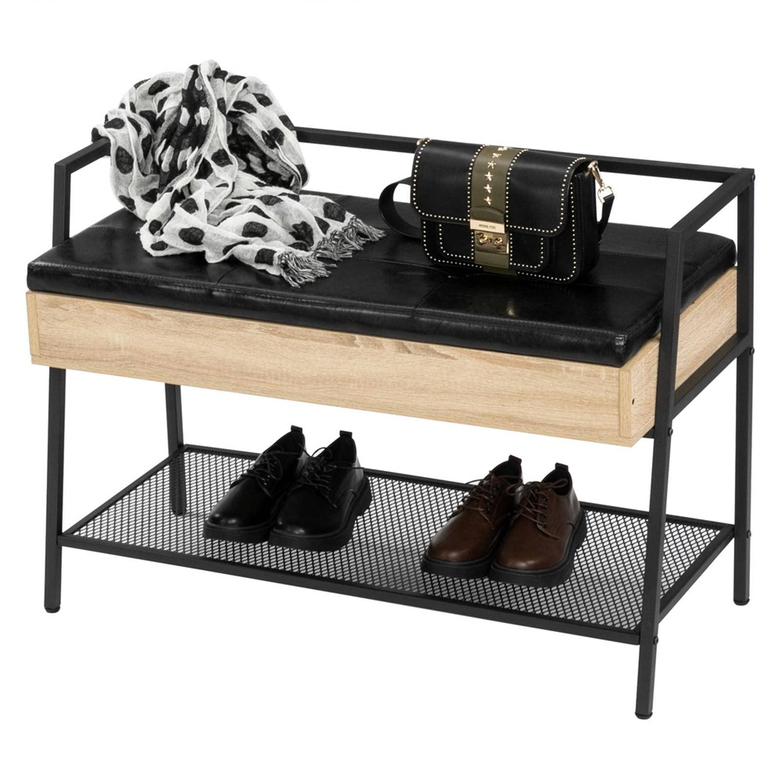 Industrial Shoe Storage Bench with Hidden Shoe Rack & Mesh Shelf - Entryway Organizer for Living Room, Bedroom, Hallway - White Oak Finish for Modern Home Decor