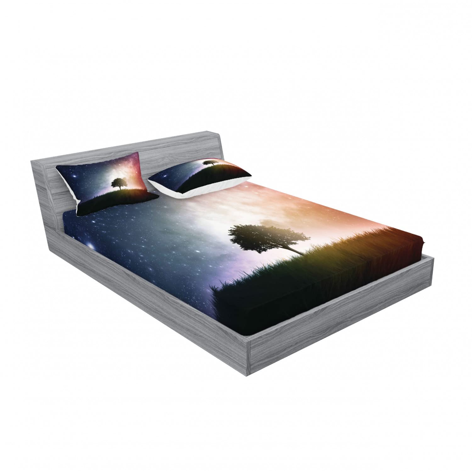 Ambesonne 2-Pack Space Themed Bedding Set - Full Size Fitted Sheets & Pillow Shams, Tree in Field with Stars Design, 4-Piece Magenta and Blue Bedding Decor for Adults - Perfect for Galaxy Themed Bedrooms, Dorm Rooms & Space Enthusiasts