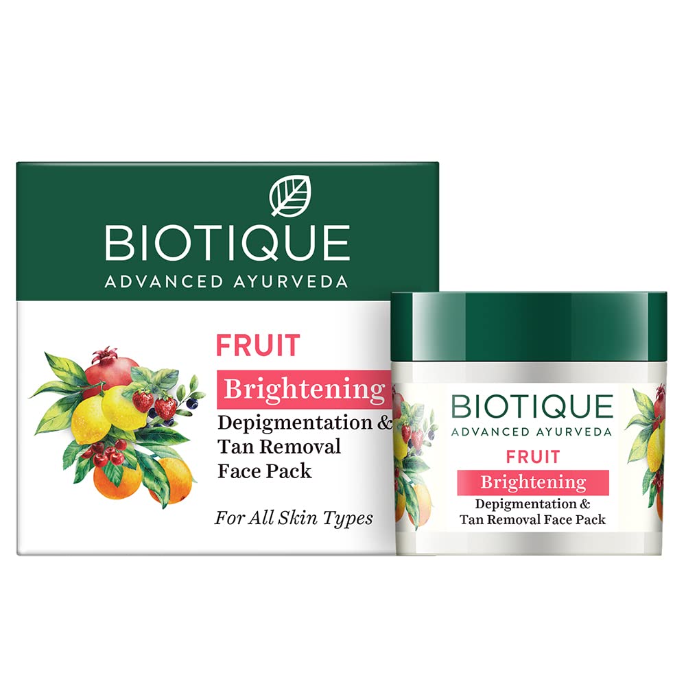 Biotique Fruit Brightening Depigmentation & Tan Removal Face Pack - Ayurvedic Organic Facial Mask for All Skin Types with 100% Botanical Extracts (75g) | Natural Glow for Dull Skin, Sun Tan Removal & Evening Skin Tone | Perfect for Daily Skincare Routine & Spa Treatments