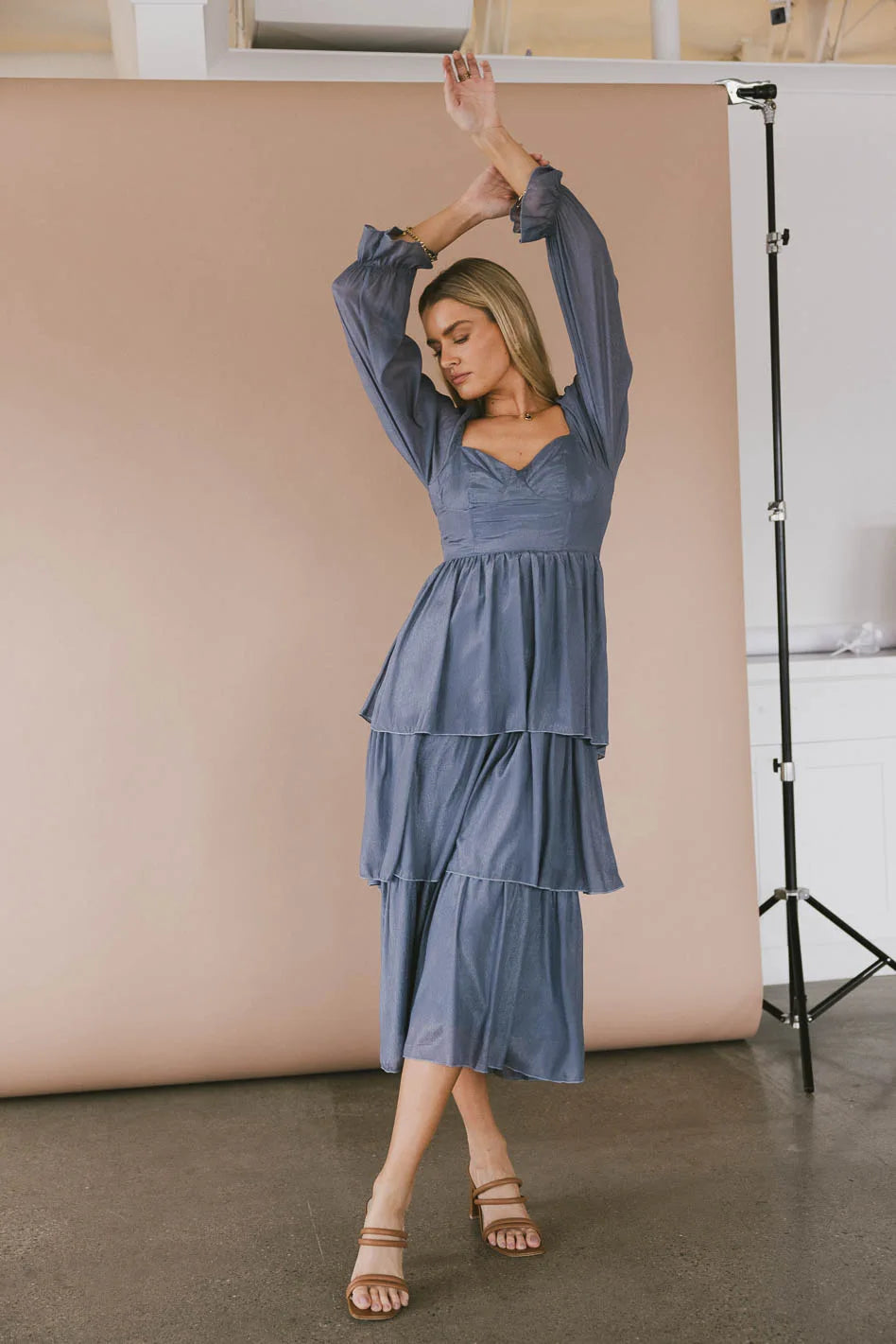 Elegant Slate Blue Shimmery Midi Dress for Women - Perfect for Evening Parties & Special Occasions