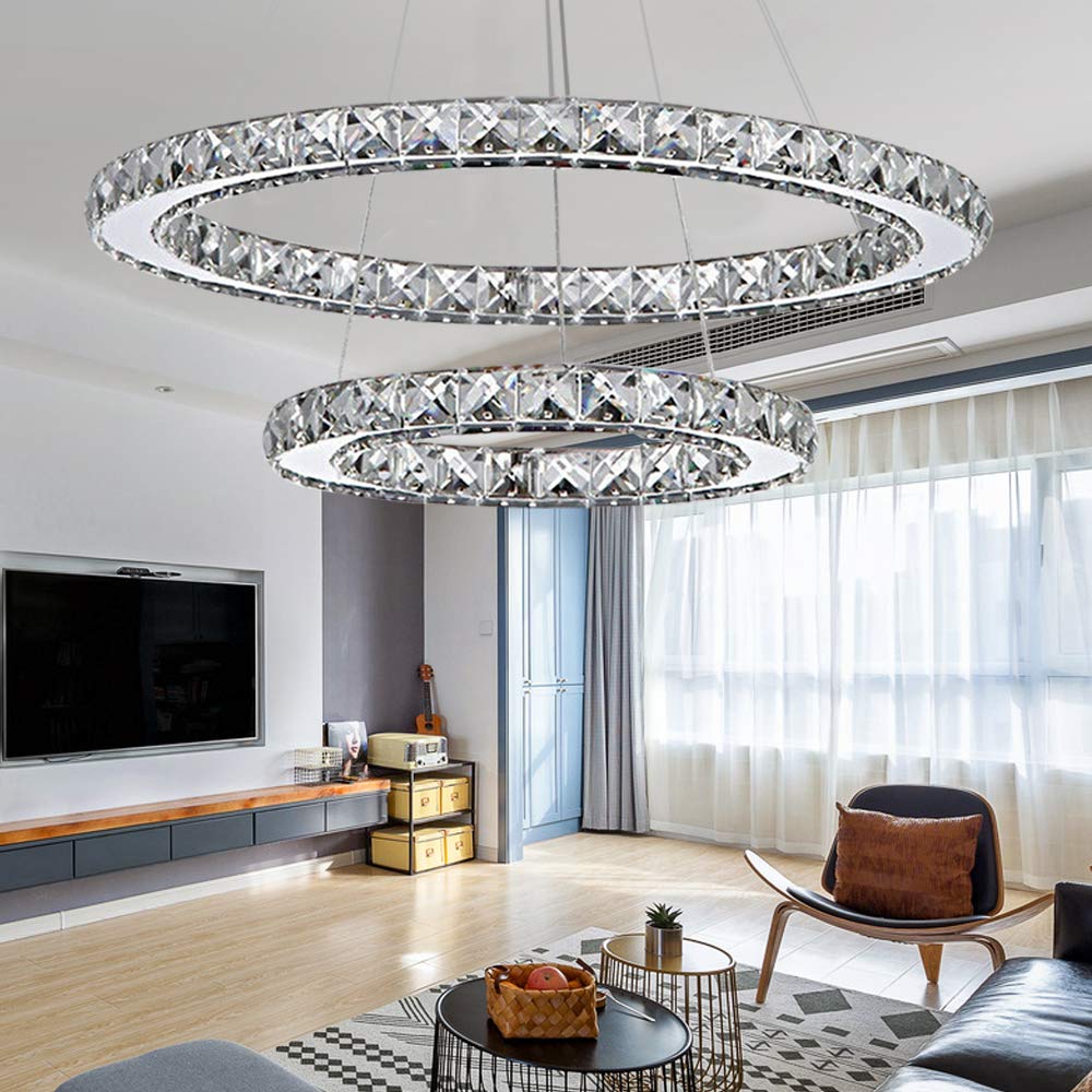 Modern Crystal LED Chandelier - 2 Rings K9 Crystal Ceiling Light Fixture for Dining Room, Living Room, Bedroom | Elegant Pendant Lighting for Home, Restaurant & DIY Decoration | Perfect for Romantic Dinners, Wedding Decor & Luxury Interior Design