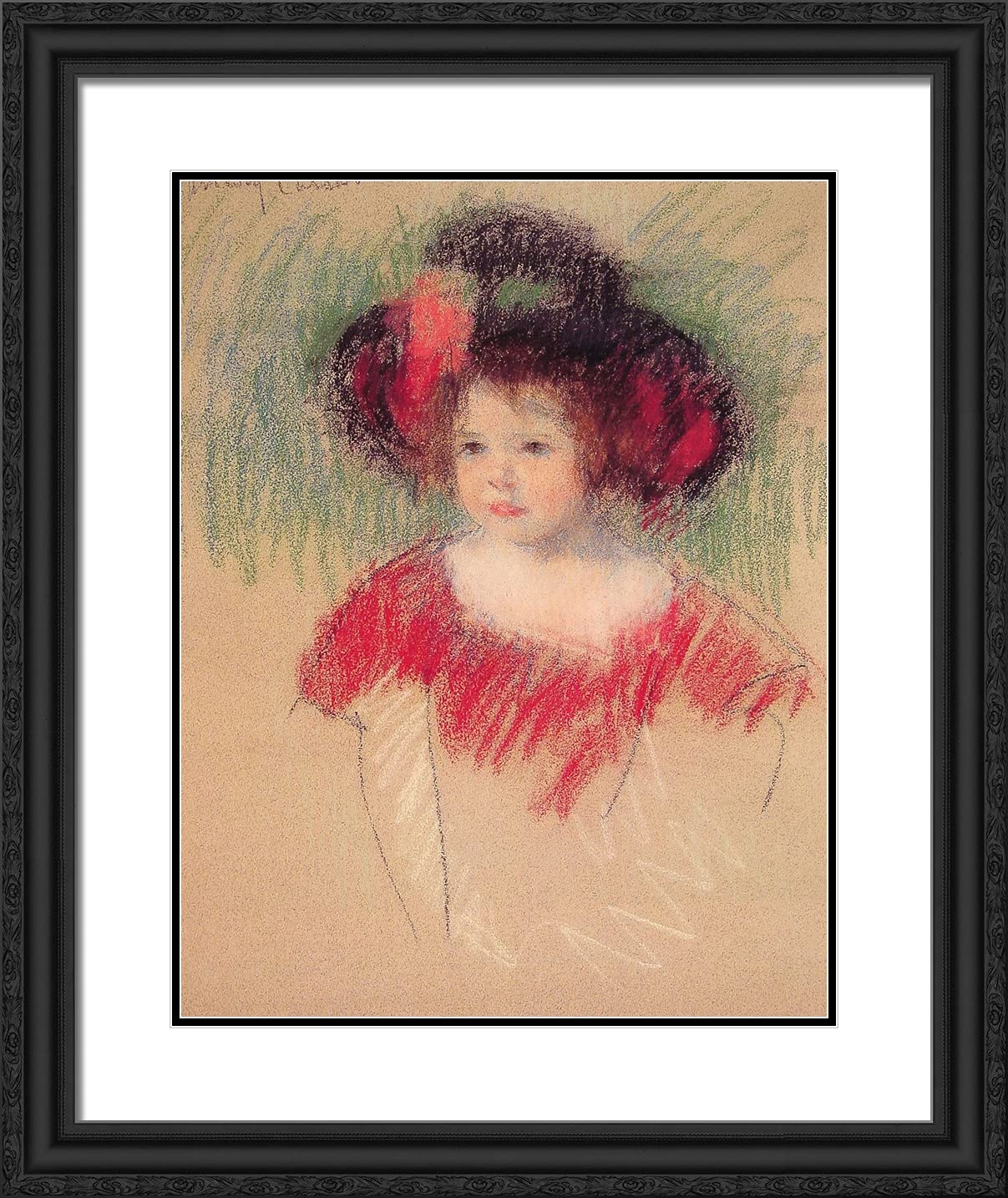 Mary Cassatt 'Margot in Big Bonnet and Red Dress' 20x24 Framed Art Print - Black Ornate Frame with Double Matting - Perfect for Living Room, Bedroom & Office Wall Decor
