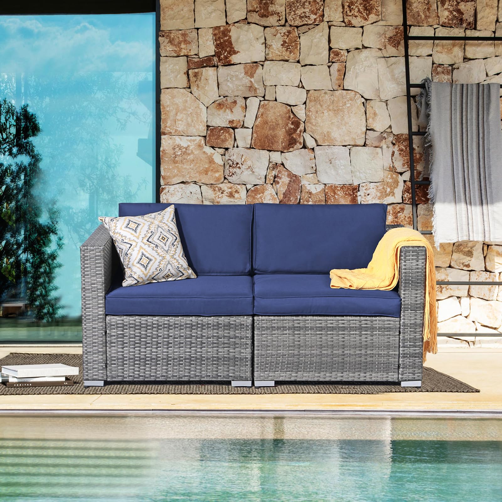 **All-Weather Grey PE Rattan Outdoor Wicker Loveseat 2-Piece Set with Navy Blue Cushions – Patiorama Corner Sofa for Patio, Garden, or Poolside Relaxation**
