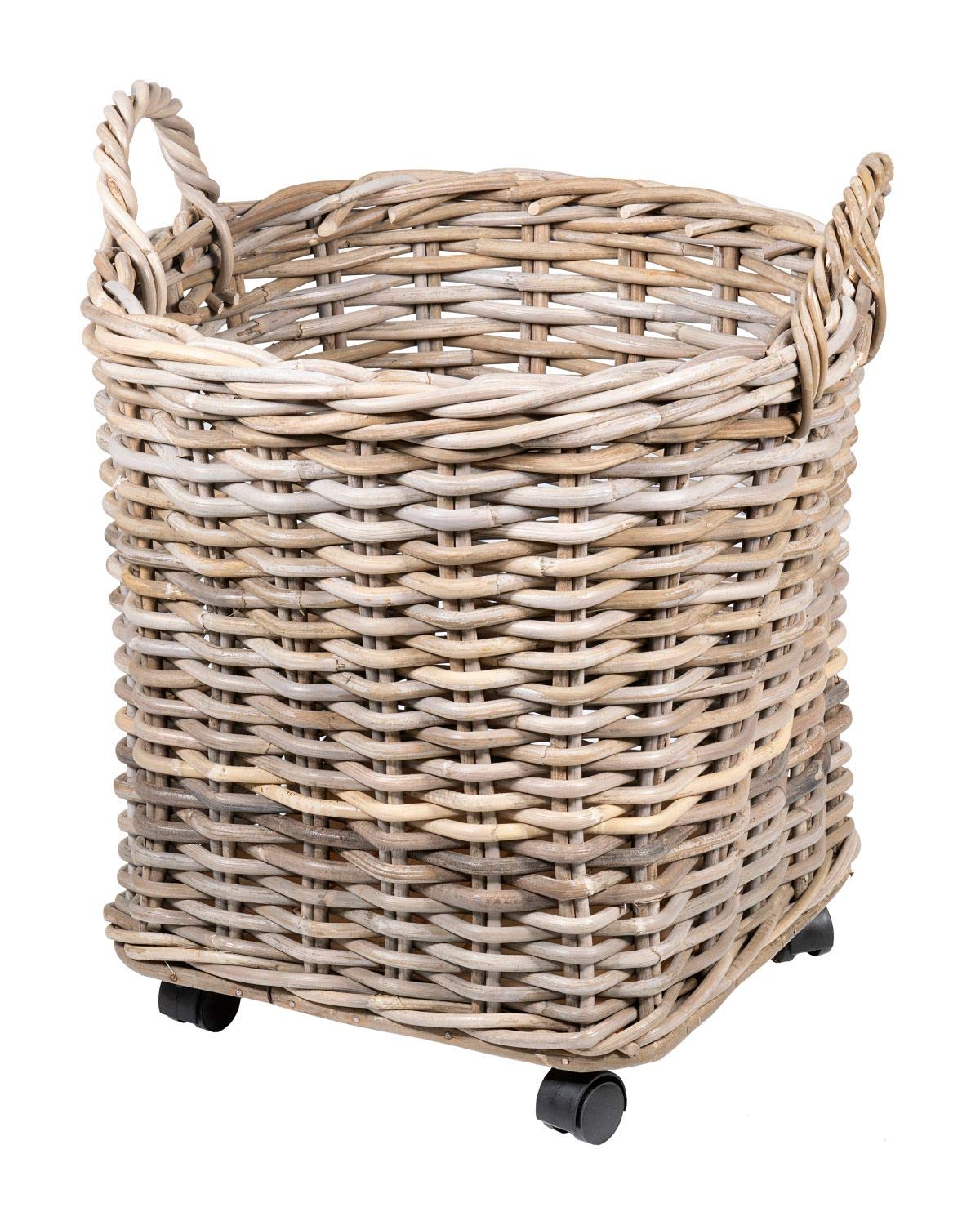 East at Main Maya Round Rattan Storage Basket with Wheels - Natural Woven Organizer for Home, Office, or Nursery Decor
