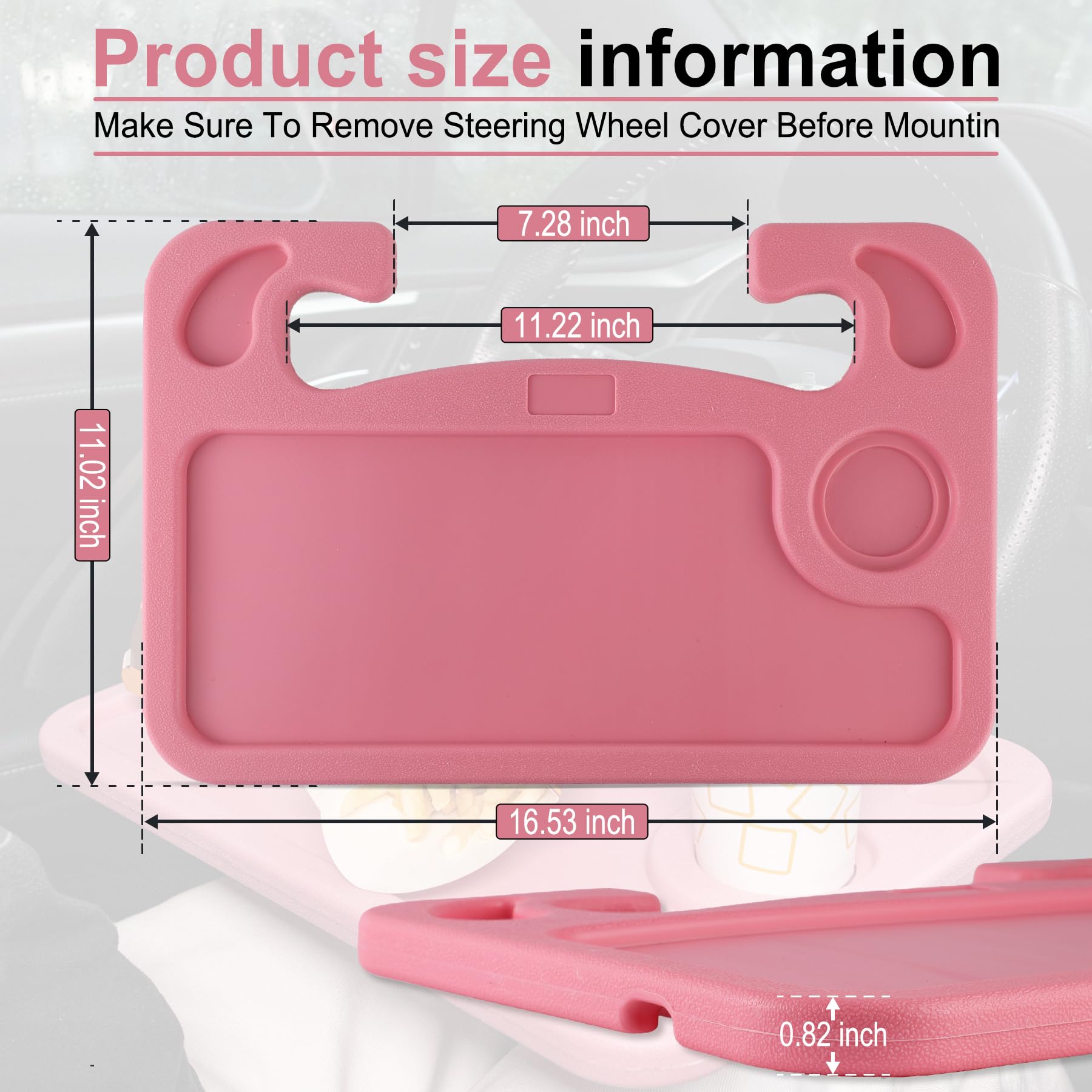 JUSTTOP Pink Car Steering Wheel Desk Tray - Portable Travel Car Accessory, Multipurpose Stand for Eating, Working & Laptop Use - Perfect for Road Trips & Commuting