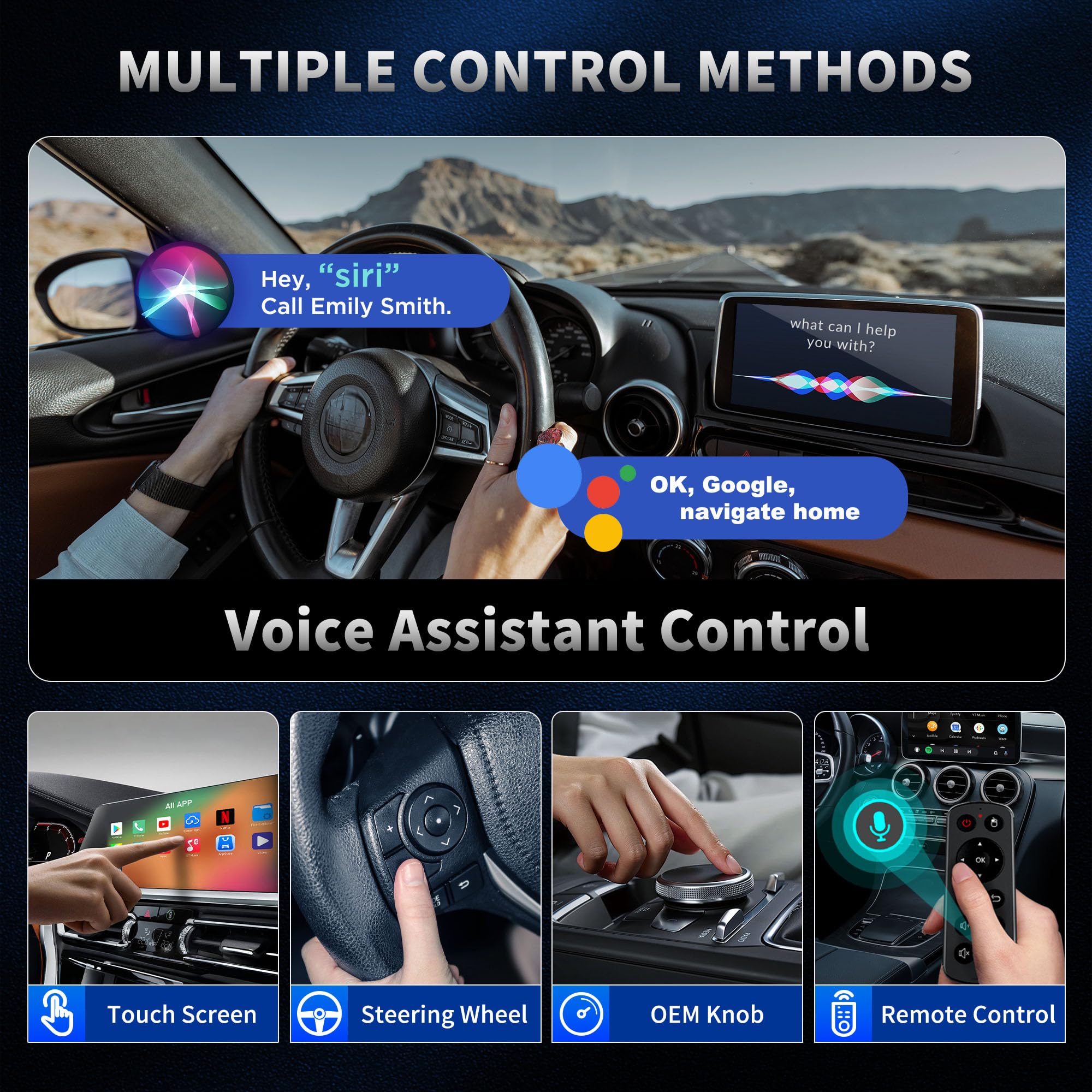 4-in-1 Wireless CarPlay & Android Auto Adapter - Stream Netflix, YouTube & More - Split Screen & Mirroring - Compatible with OEM Wired CarPlay/Android Auto Cars - Perfect for Road Trips & In-Car Entertainment