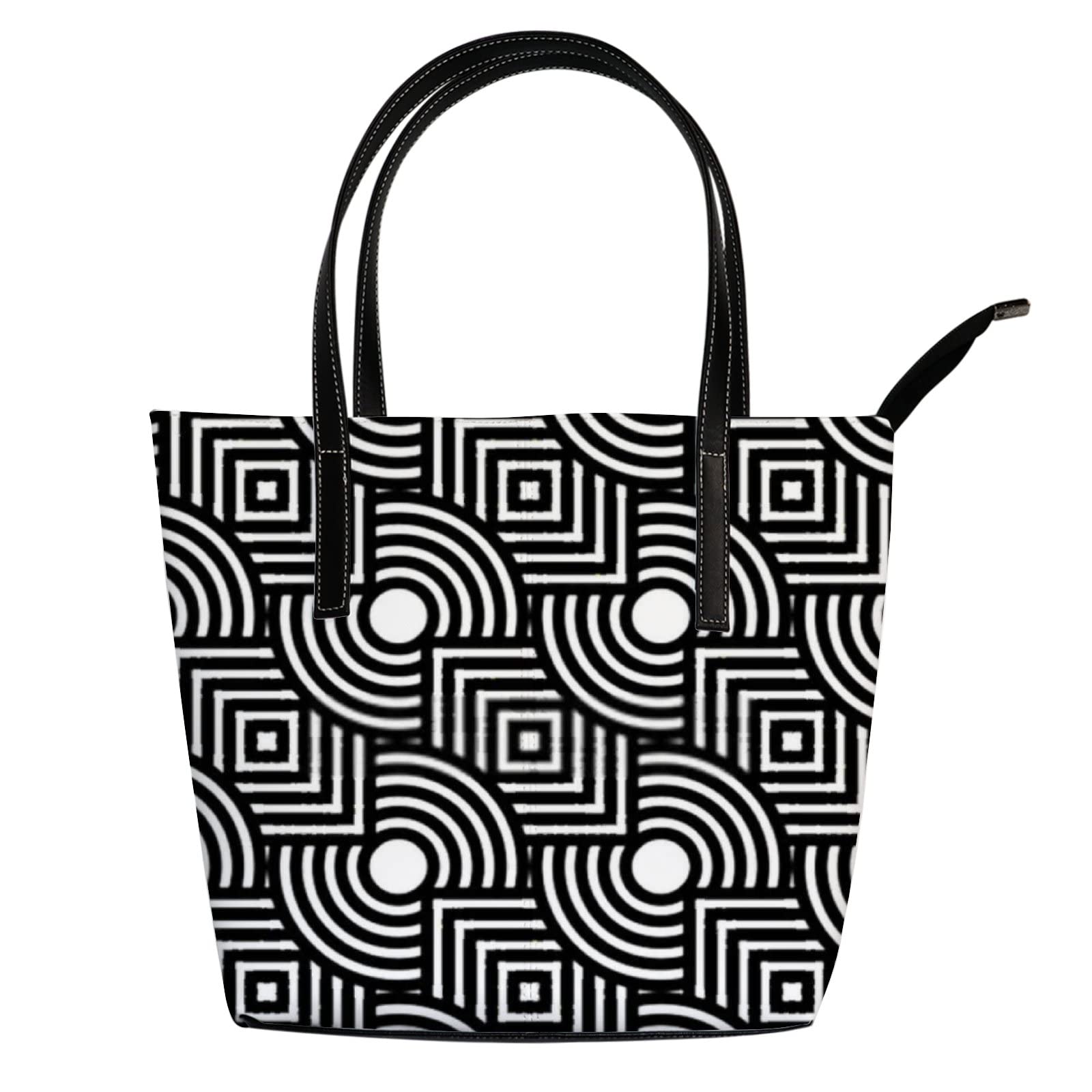 Stylish Black & White Geometric Stripes Leather Tote Bag for Women - Zippered Crossbody Work Handbag (Perfect for Office, Travel & Daily Use)