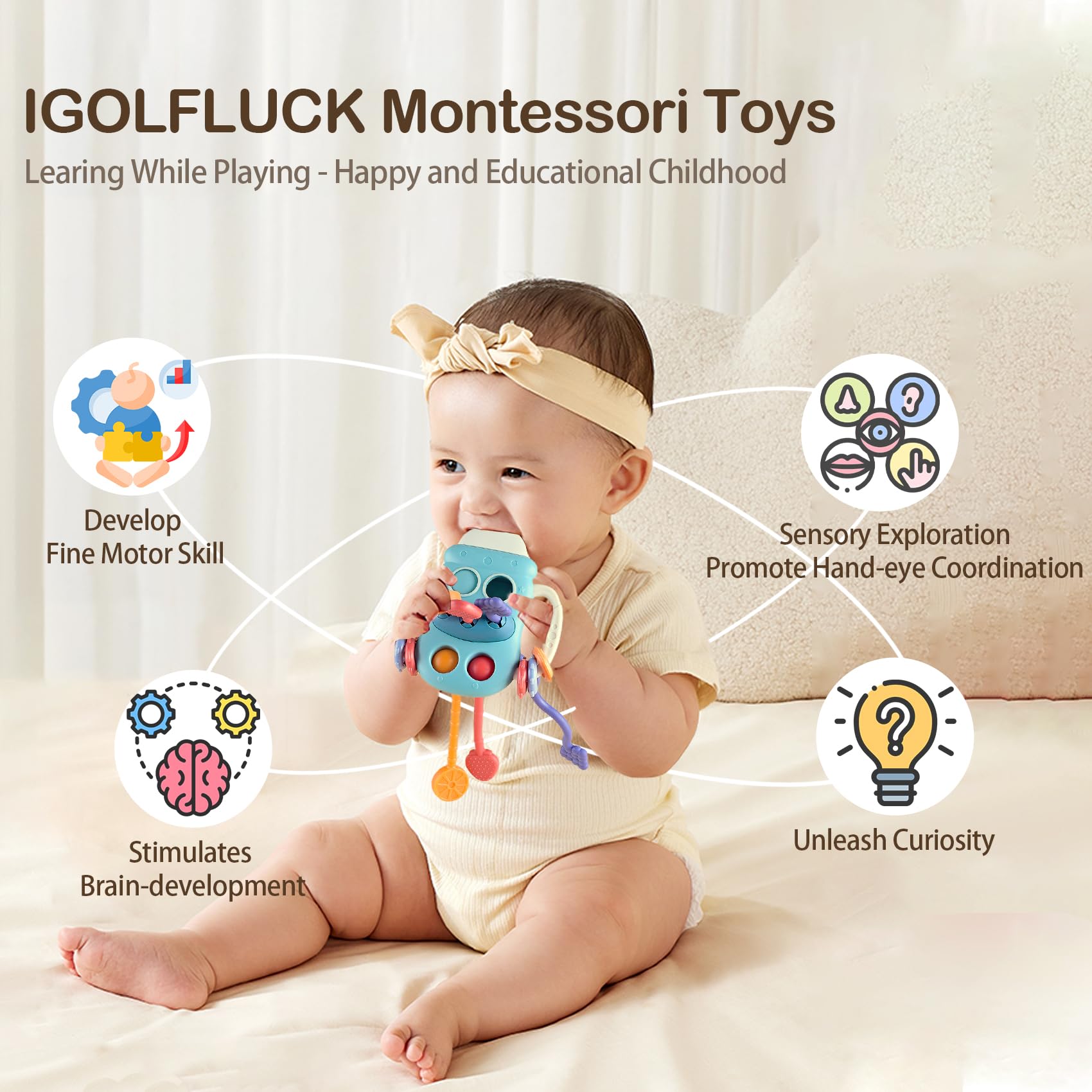 Montessori Sensory Toys for 1-3 Year Old Toddlers - Food Grade Silicone Pull String Activity Toy for Baby Boys & Girls - Perfect for Travel, Early Learning & Fine Motor Skills Development (Blue)