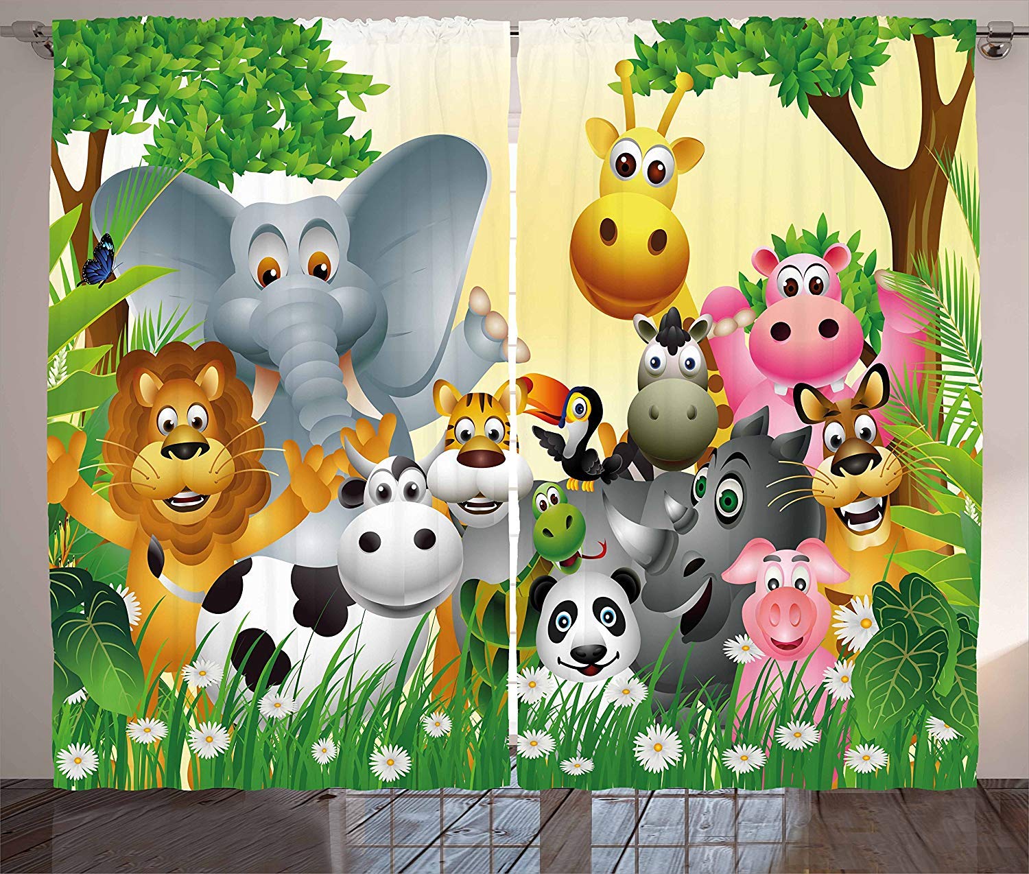 Futuregrace Blackout Curtains for Kids Room - Jungle Animal Theme (Elephant, Giraffe, Panda, Lion) - 2 Panels Room Darkening Window Drapes 104