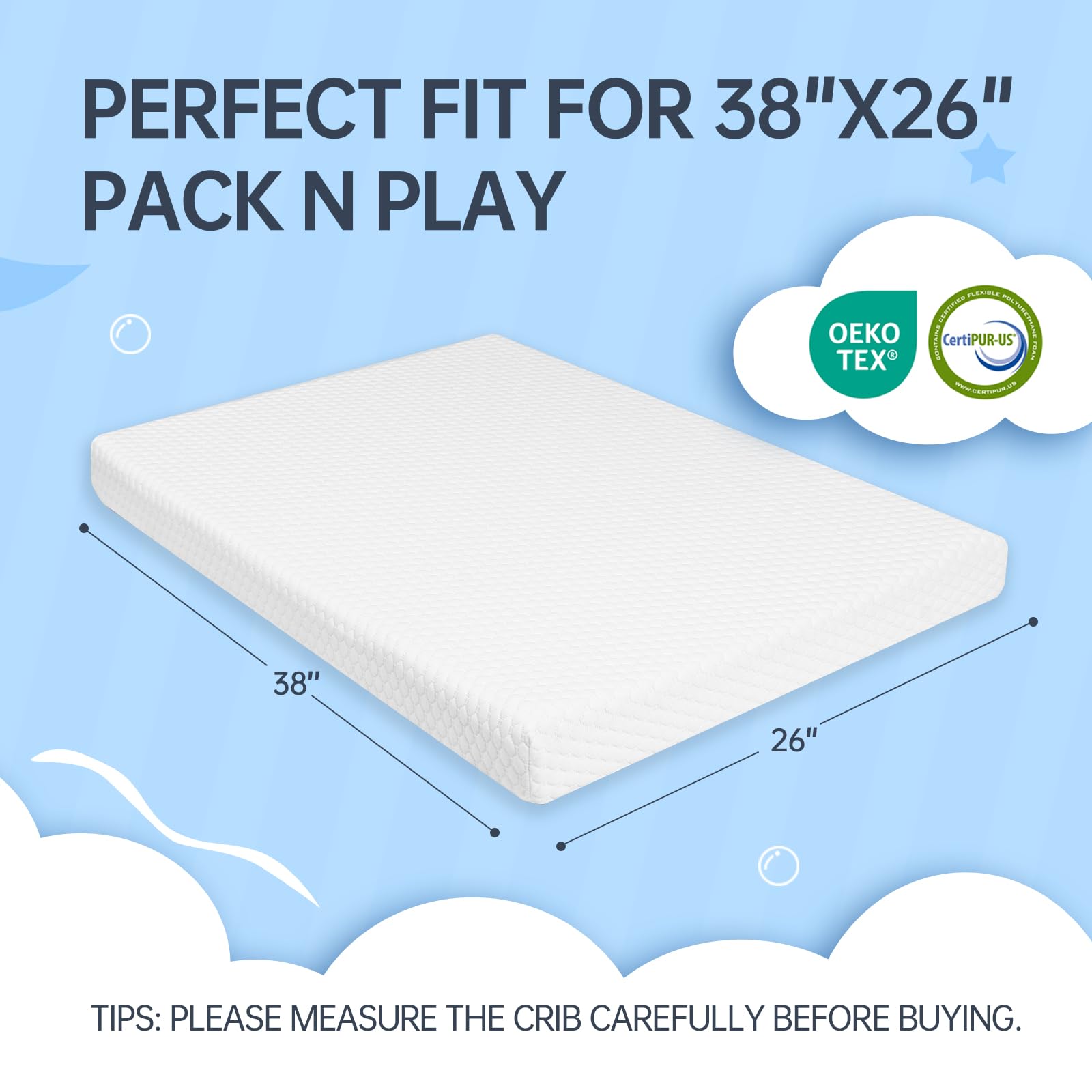 Dual-Sided Memory Foam Pack and Play Mattress Pad - 38x26 Inch Portable Mini Crib Mattress with Washable Cover - Soft & Supportive for Baby's Comfort - Perfect for Travel, Daycare & Home Use (White)