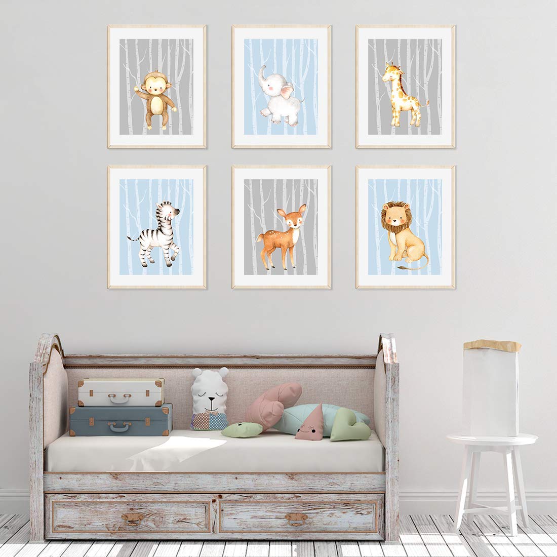 Jungle Safari Theme Nursery Wall Art - 6-Pack Unframed Posters (8.5x11 Inch) with Lion, Zebra, Giraffe, Elephant & Monkey Graphics - Blue Gray Trees Design - Perfect for Kids Room Decor & Baby Shower Gifts