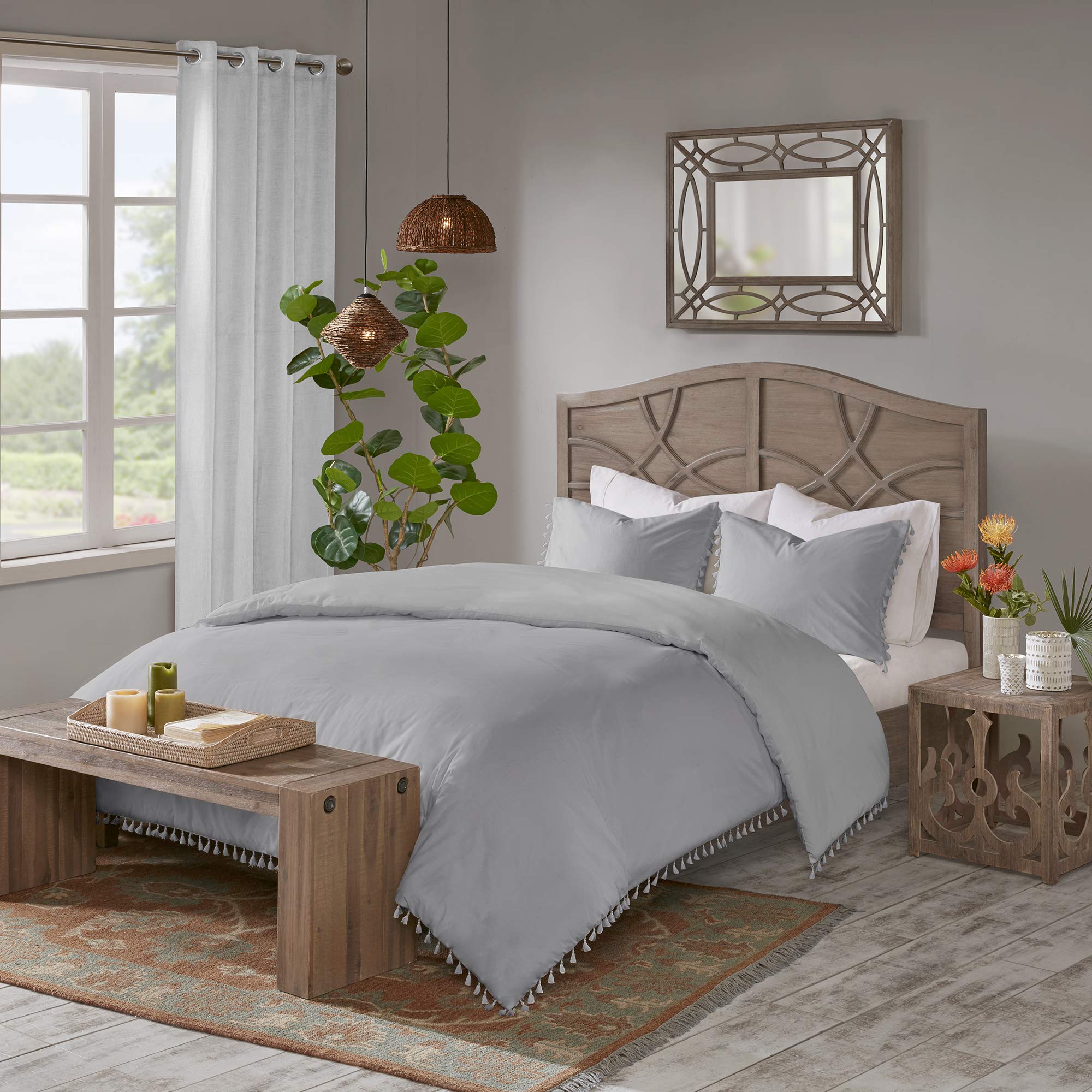 Madison Park Lillian 100% Cotton Duvet Cover Set - Bohemian Fringe Tassel Trim, Shabby Chic All Season King/Cal King (104x92 Inches) 3-Piece Bedding in Grey - Perfect for Master Bedroom, Guest Room & Bohemian Style Home Decor