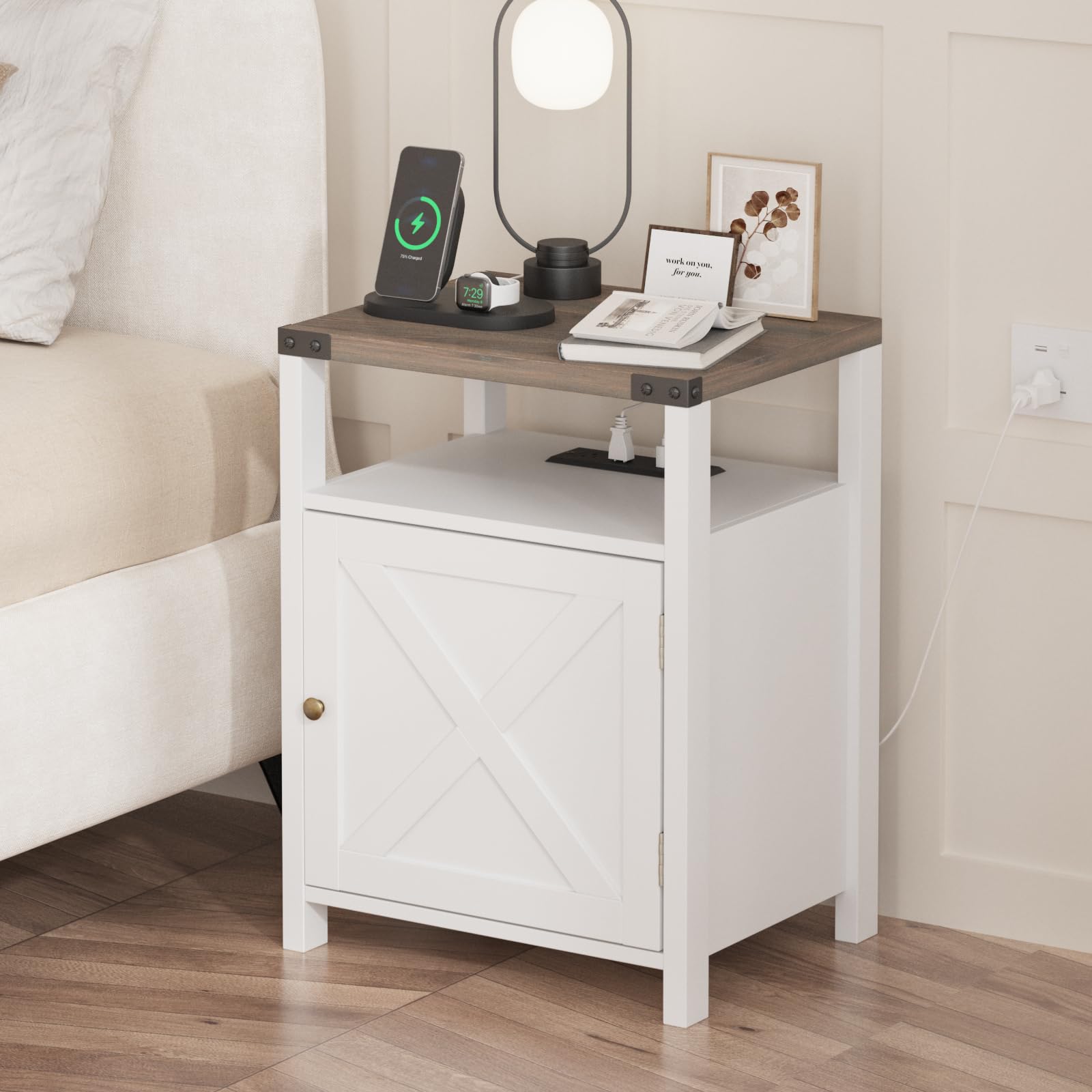 2-Piece Farmhouse Nightstand Set with USB Charging Station & Outlets - White Bedside Tables with Storage Cabinet for Bedroom & Living Room - Perfect for Small Spaces & Modern Home Decor