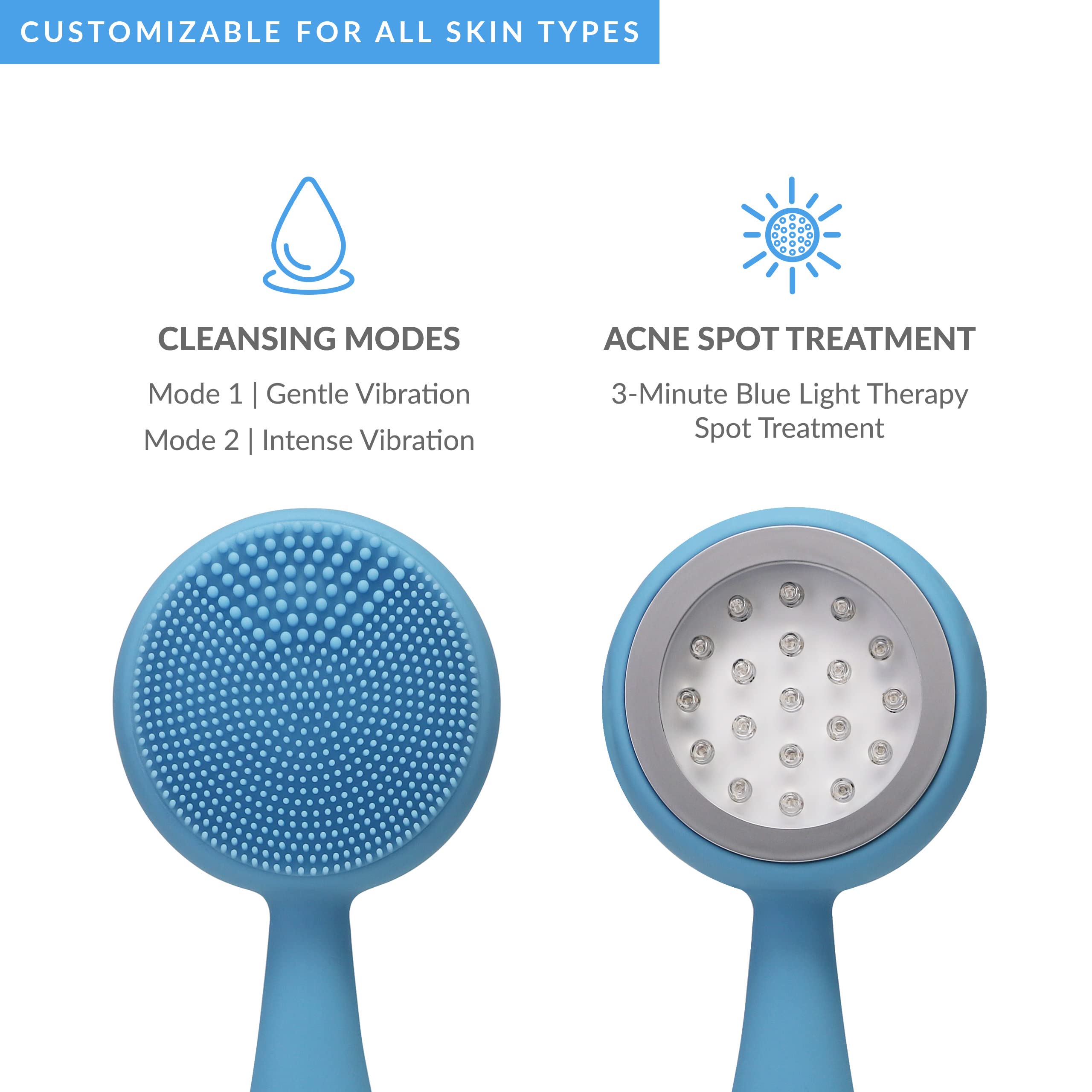 PMD Clean Acne Smart Facial Cleansing Device - Waterproof Silicone Brush with Blue Light Therapy for Acne Treatment | SonicGlow Vibration Technology to Clear Pores, Blackheads & Blemishes | Perfect for Daily Skincare Routine & Travel-Friendly Beauty Device