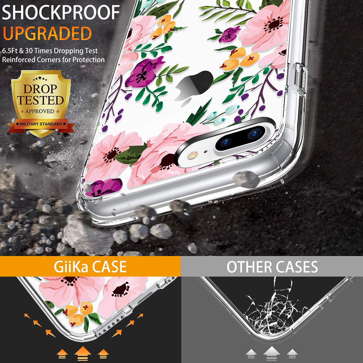 GiiKa Clear Heavy Duty Protective Case for iPhone 8 Plus/7 Plus with Screen Protector - Floral Design TPU Bumper Cover for Women & Girls | Perfect for Everyday Use, Work, and Travel Protection