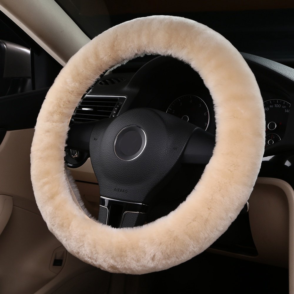 Dotesy 3-Piece Genuine Sheepskin Steering Wheel Cover Set with Gear Shift & Handbrake Covers - Universal Fit for 15 Inch Wheels (Pearl White) | Premium Australian Wool Car Accessories for Comfort & Grip in All Seasons | Perfect for Road Trips, Winter Driving & Luxury Vehicle Protection