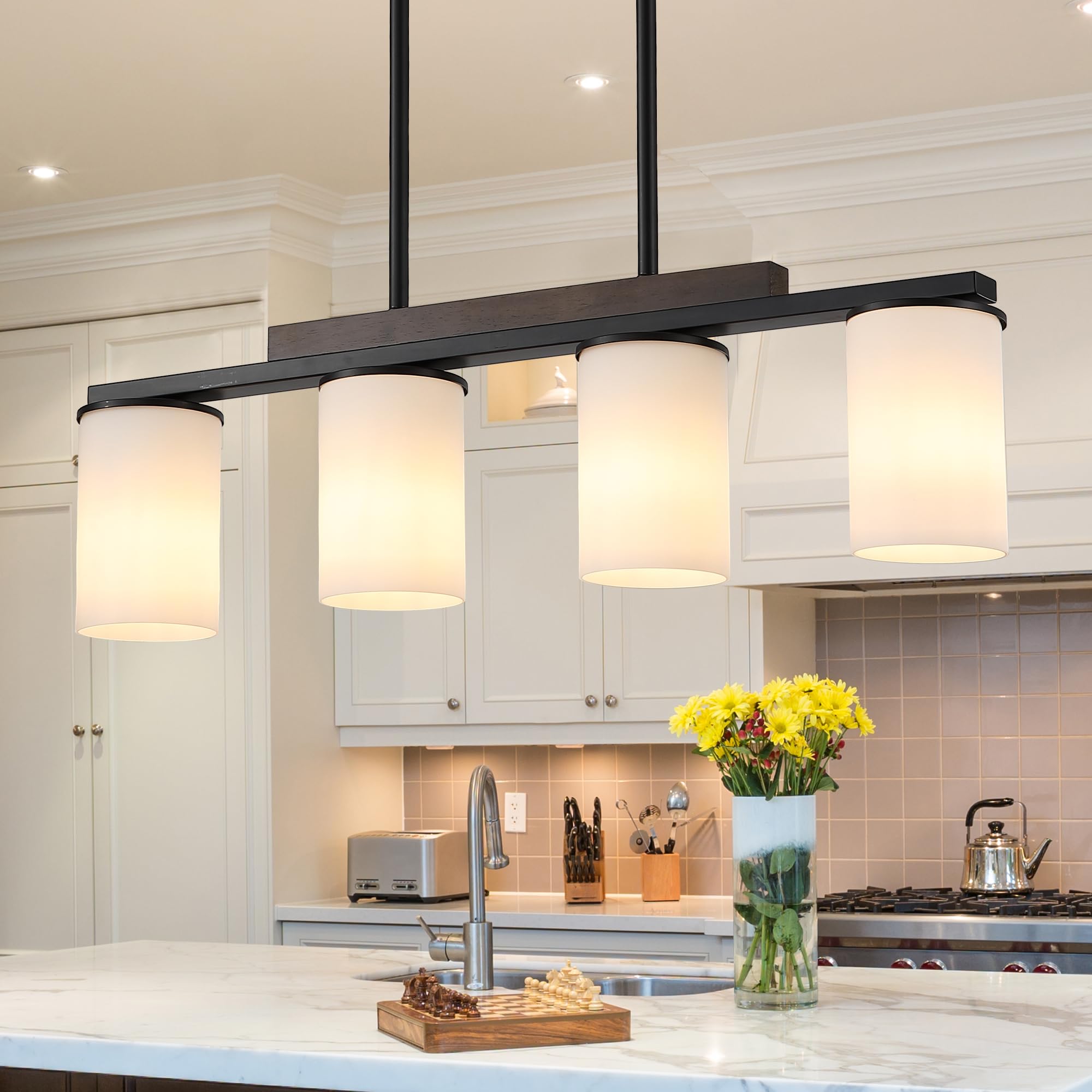 Farmhouse Black Pendant Lights with Milk Glass Shade - 4 Light Linear Chandelier for Dining Room & Kitchen Island - Rustic Wood Accent Lighting Perfect for Farmhouse, Industrial & Modern Decor