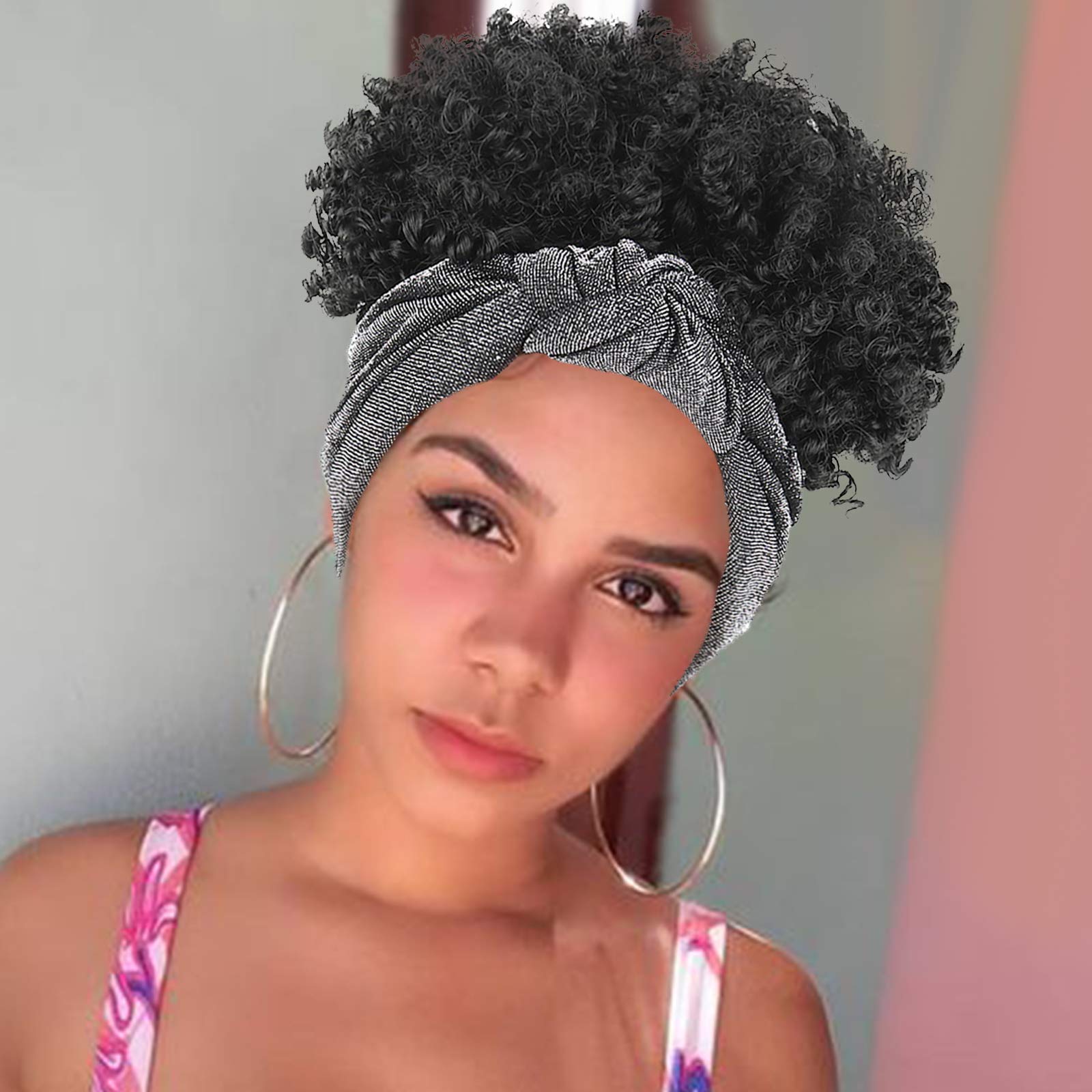 Short Kinky Curly Headband Wigs for Black Women - Natural Hair Half Wig with Attached Scarf | Perfect for Daily Wear, Cosplay & Protective Styling