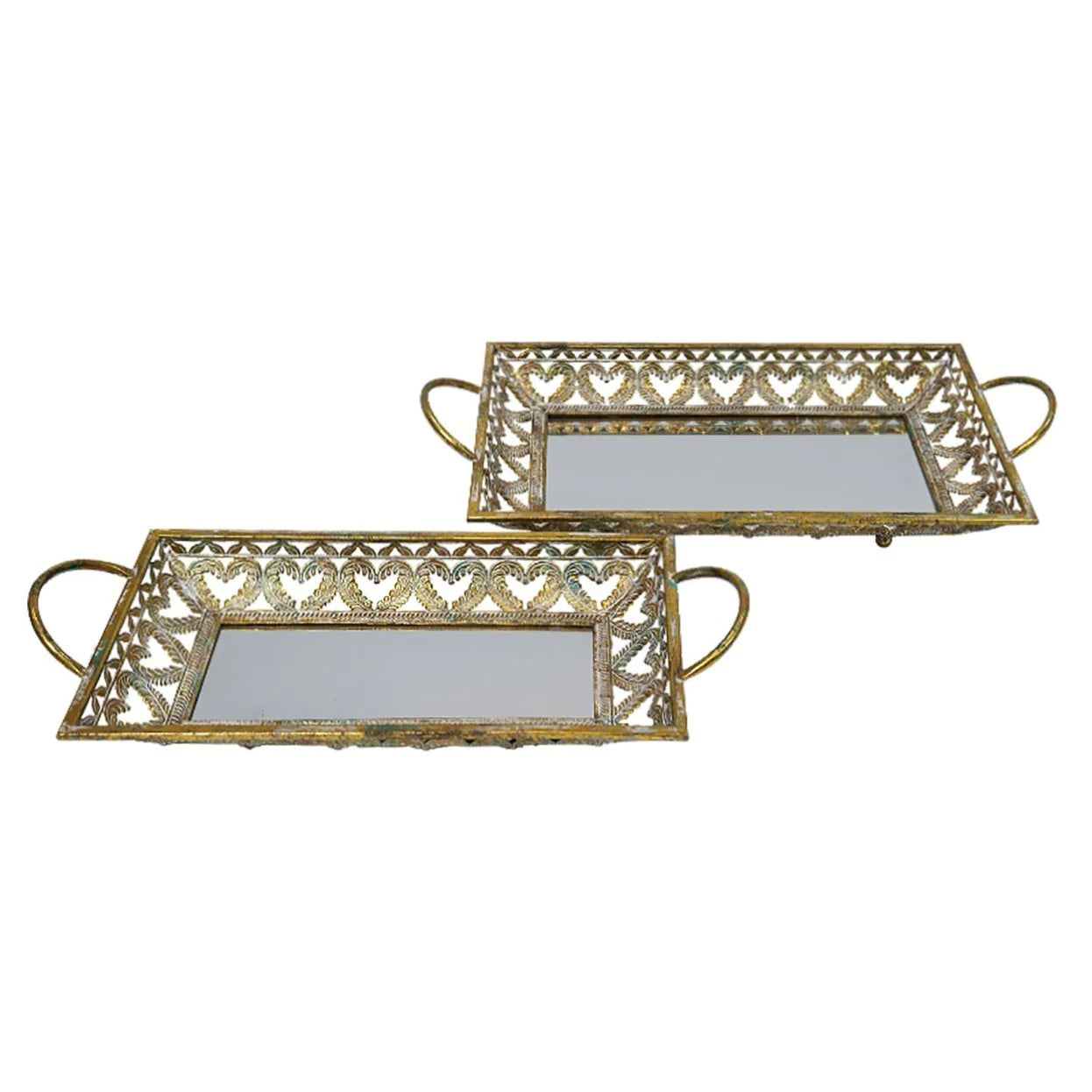 Claro Trays Set of 2 - Antique Gold Finish Serving Trays for Dining, Entertaining & Home Decor