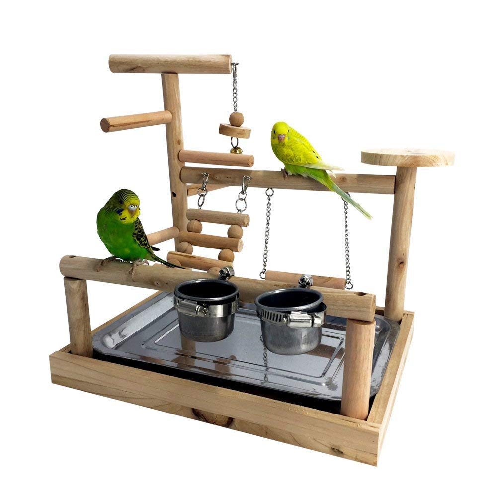 Premium Wooden Bird Play Gym Stand - Parrot Playground with Perches, Swing Ladders & Chewing Toys | Exercise Activity Center for Small & Medium Birds | 12.6x12.2x10.2 Inch | Perfect for Cage-Free Playtime & Training Sessions