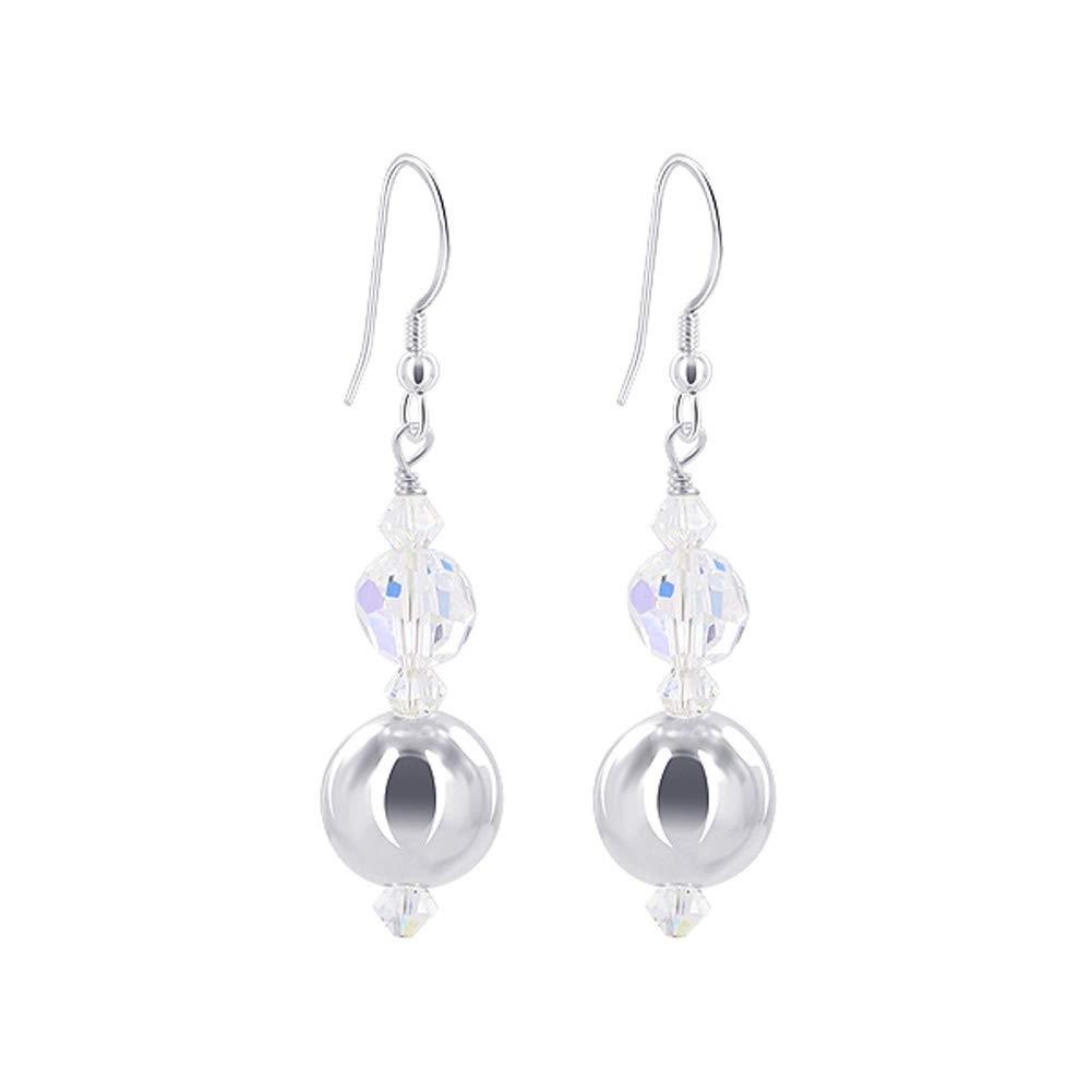 Handmade 925 Sterling Silver Drop Earrings for Women with Clear AB Austrian Crystals - Elegant Round Ball Design for Parties, Weddings & Special Occasions
