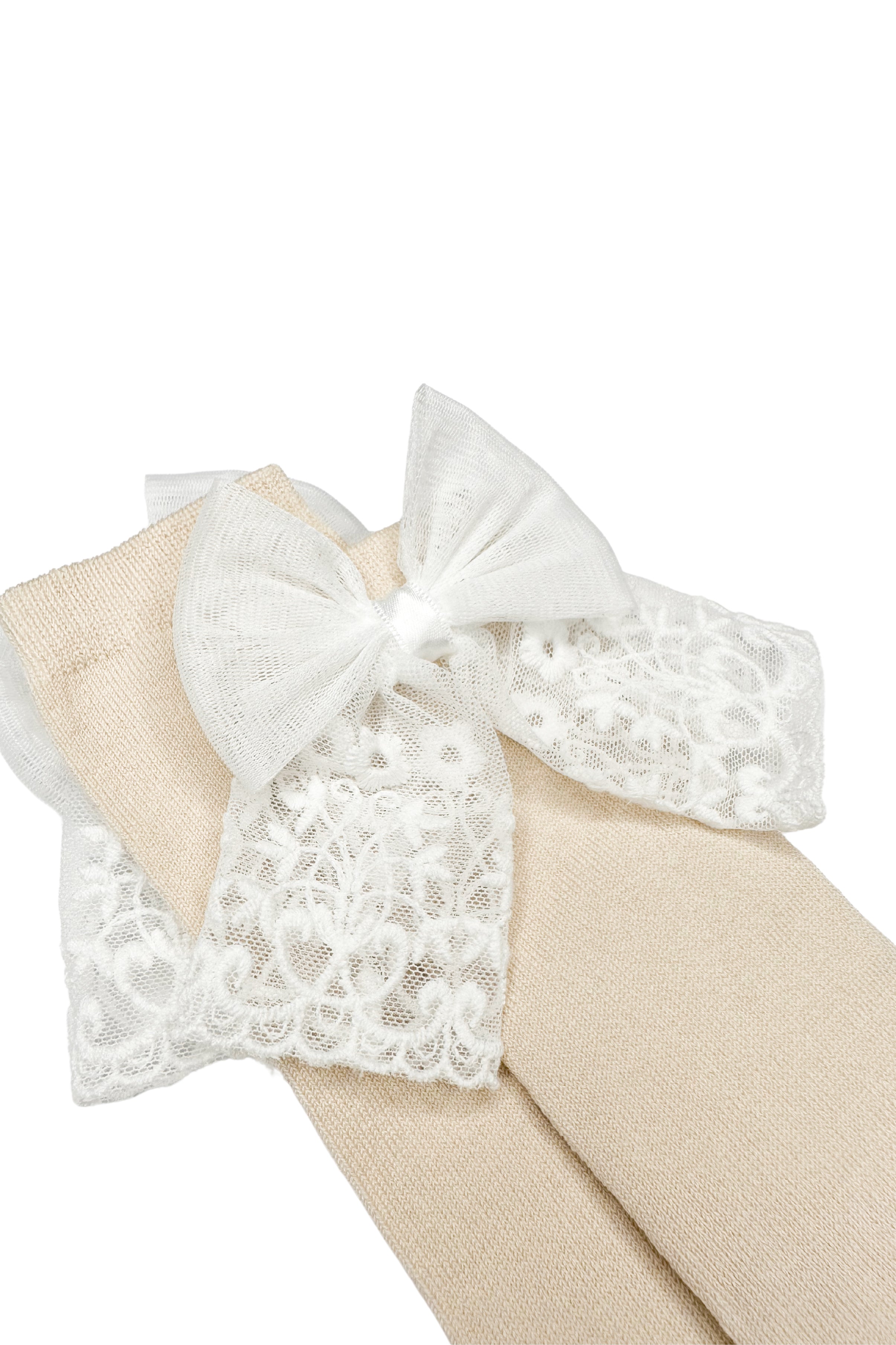 Elegant Champagne Lace Bow Knee High Socks for Women - Fashionable Thigh High Stockings for Party, Cosplay, and Vintage Outfits